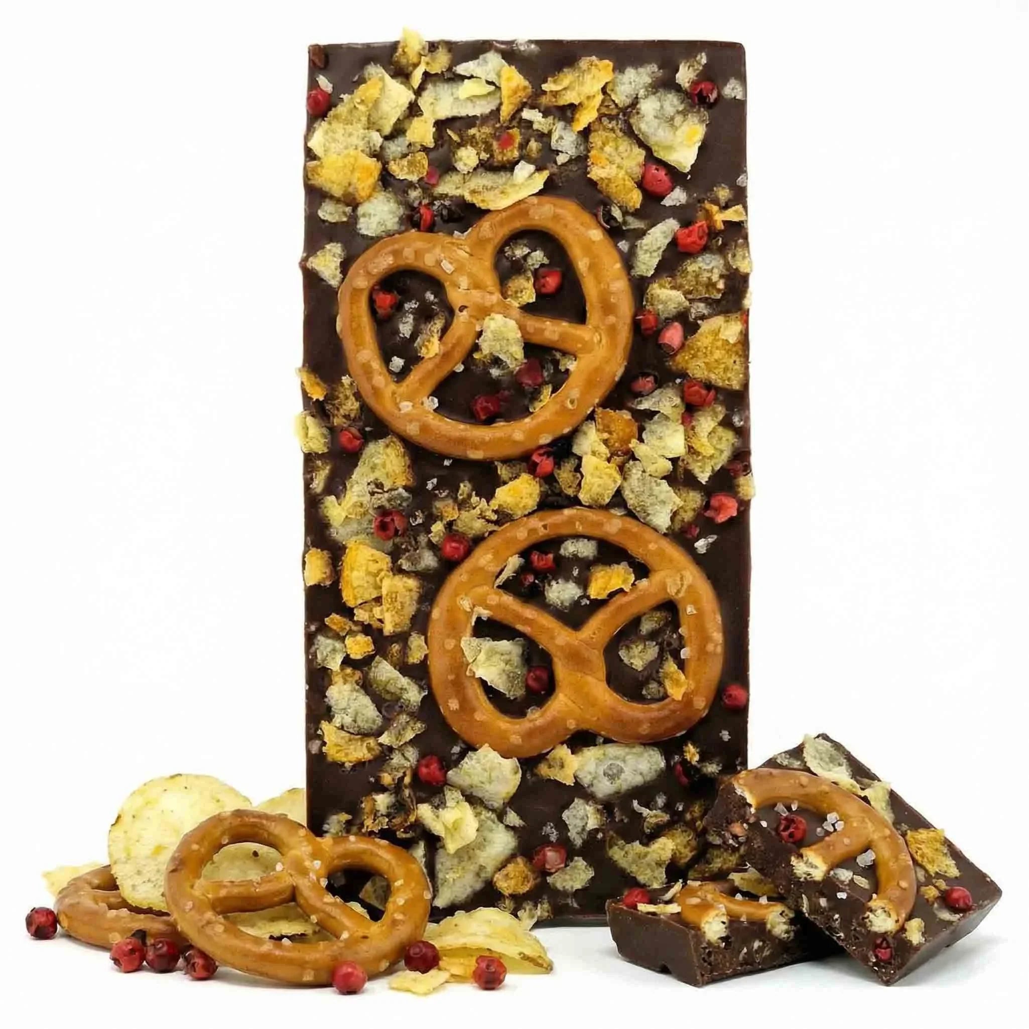 Premium Vollmilchschokolade mit Brezel, Crispy Chips und rotem Pfeffer – Hessen Schokolade
