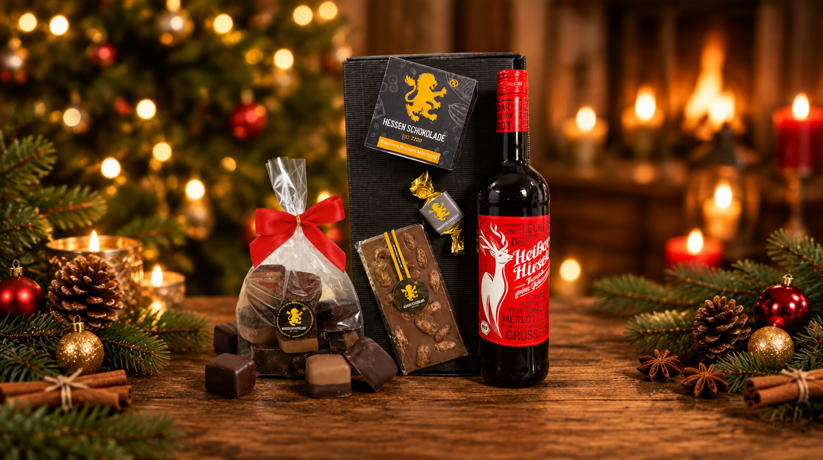 Weihnachten bei Hessen Schokolade – Weihnachtspräsent RED-XMAS und Dominosteine