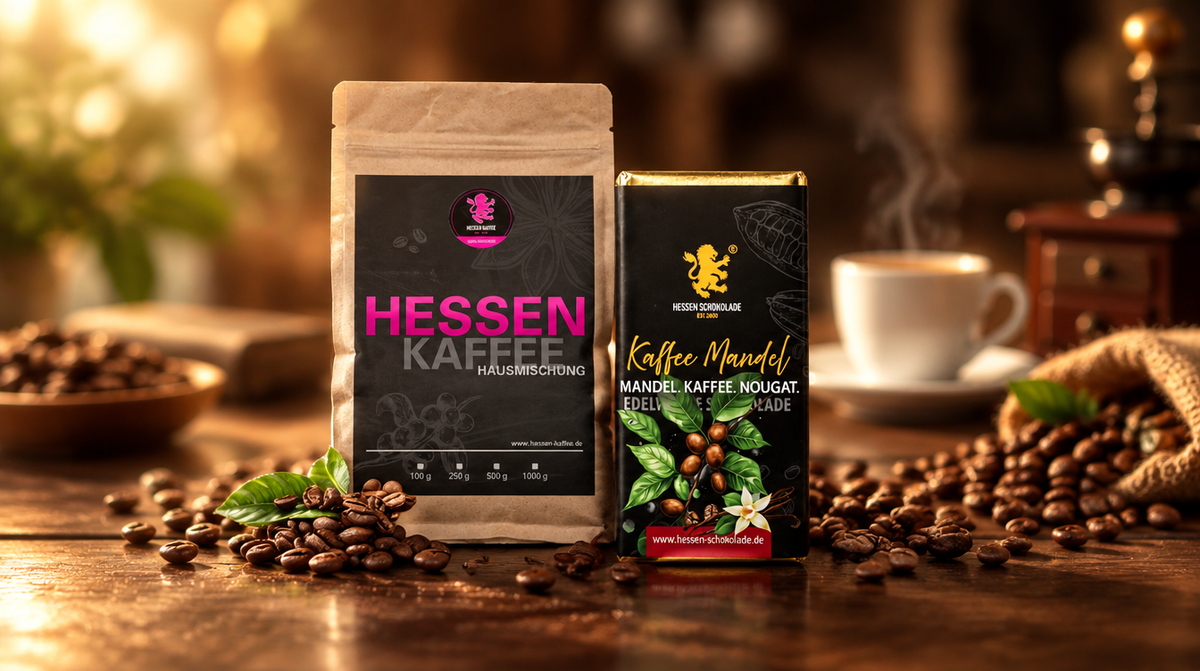 Hessen Kaffee und Kaffee-Schokolade mit gerösteten Bohnen