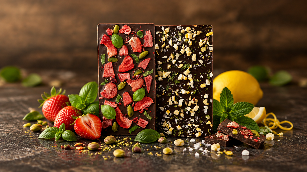 Premium Schokolade mit Topping – Erdbeere, Pistazie, Zitrone und Minze