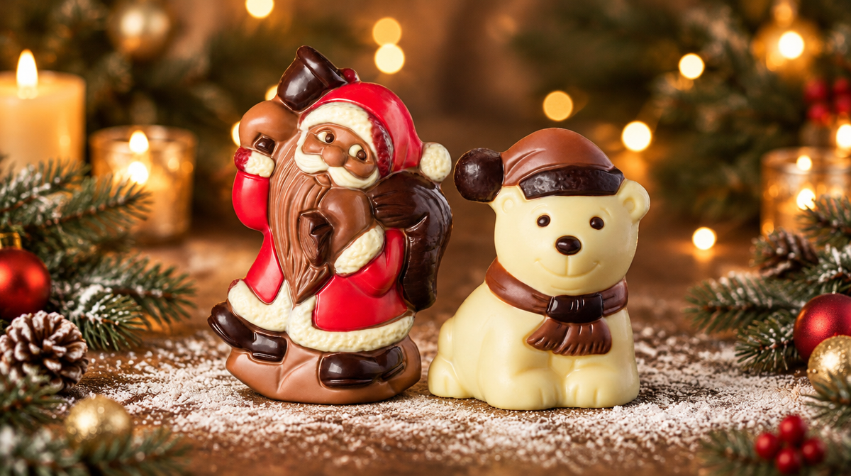 Schokoladen-Weihnachtsmann und Eisbär aus weißer Schokolade
