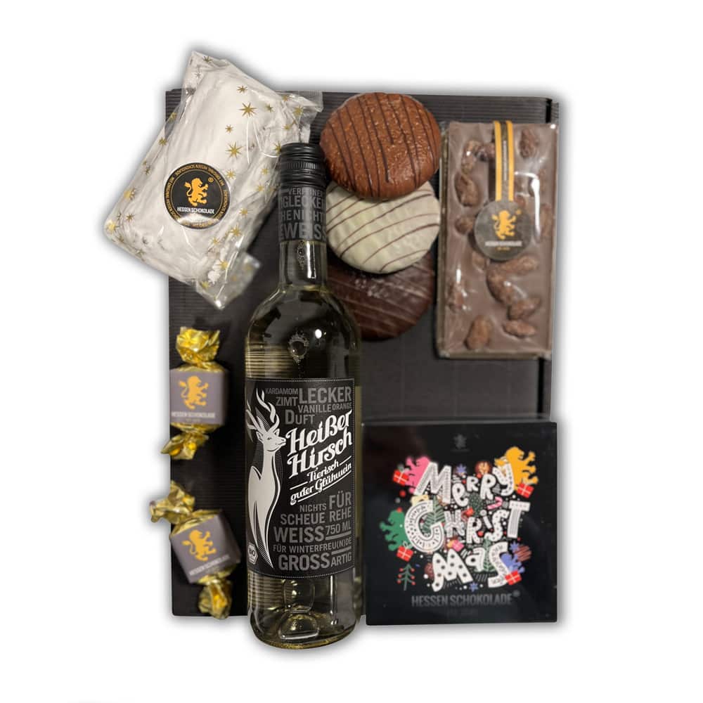 Weihnachtspräsent WHITE-ONE mit weißem Glühwein und Pralinen