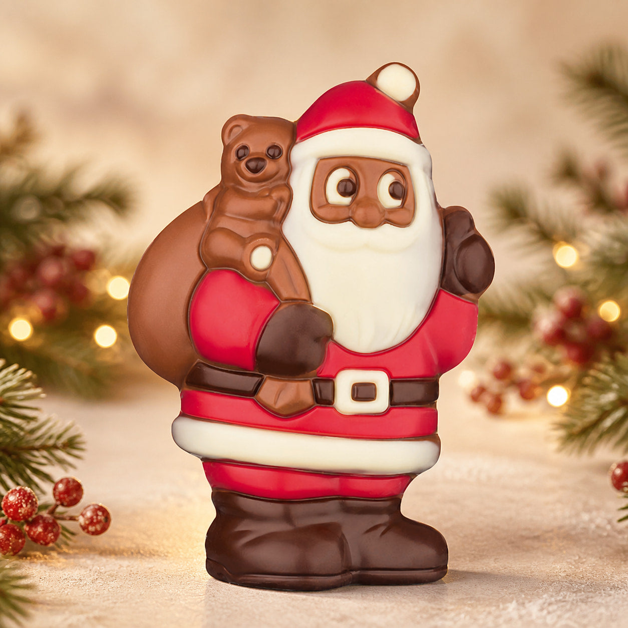 Weihnachtsmann mit Sack und Teddy, Schokoladenfigur 75 g von Hessen Schokolade