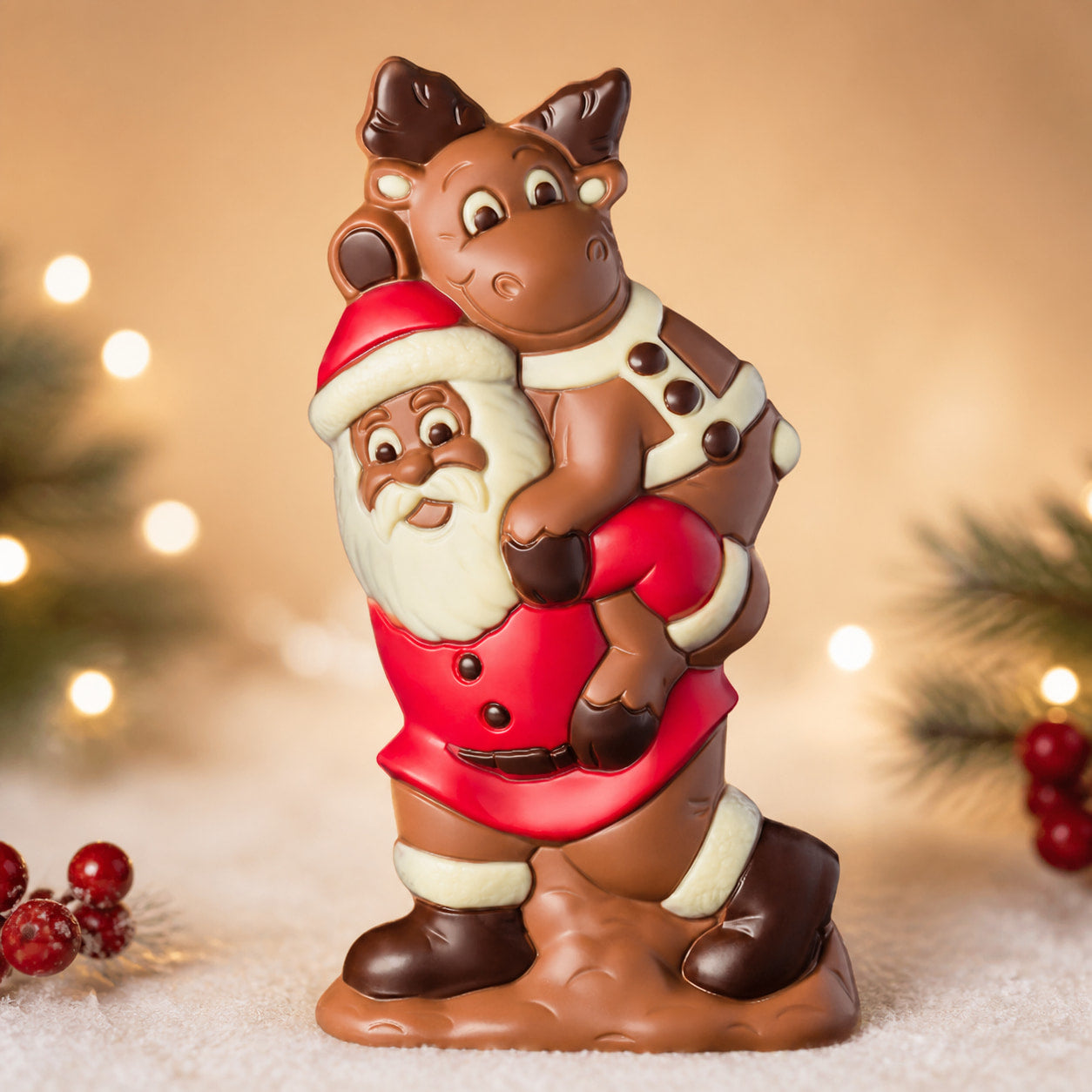 Weihnachtsmann traegt Elch, Schokoladenfigur 225 g von Hessen Schokolade