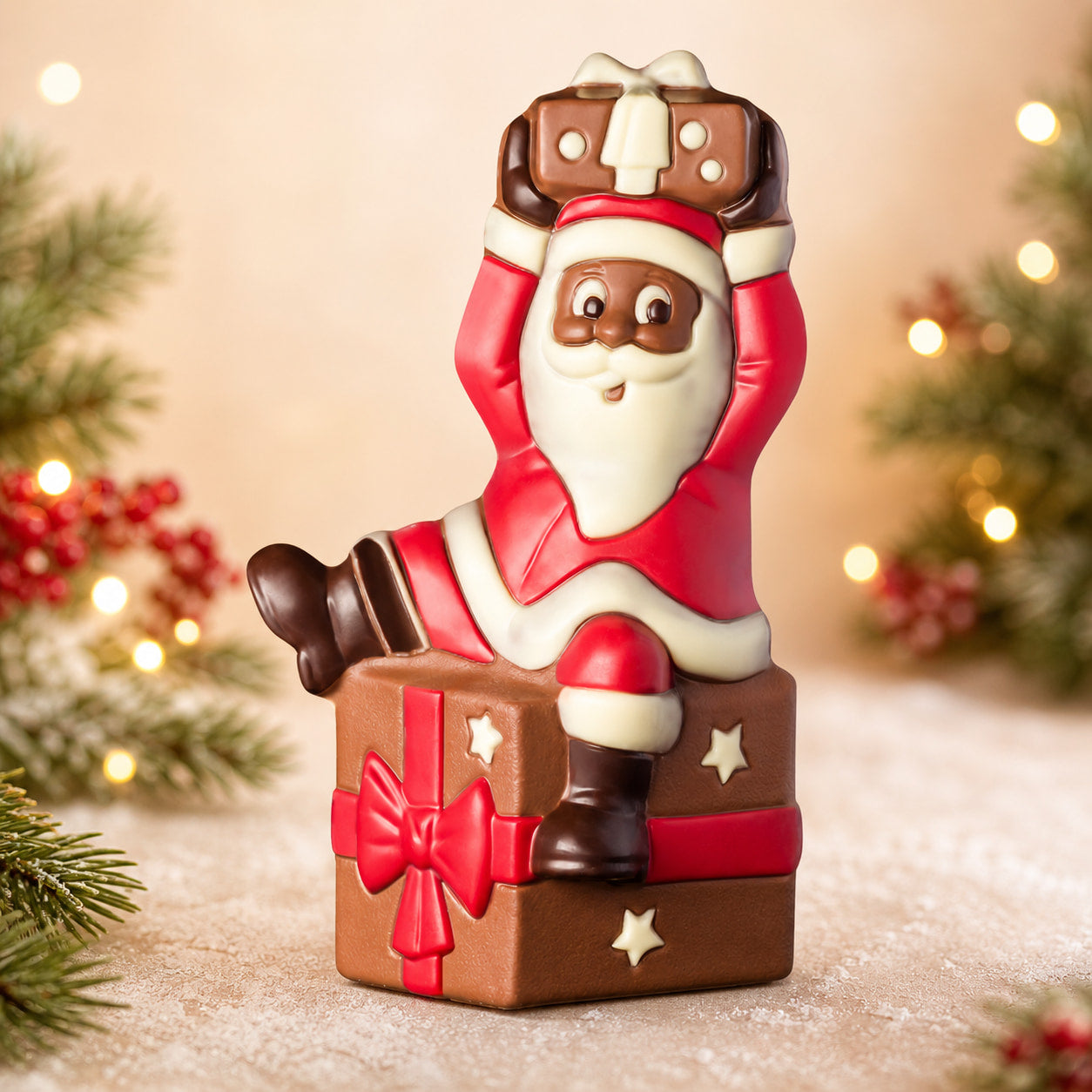 Weihnachtsmann auf Geschenk, Schokoladenfigur 300 g von Hessen Schokolade, weihnachtlich dekoriert