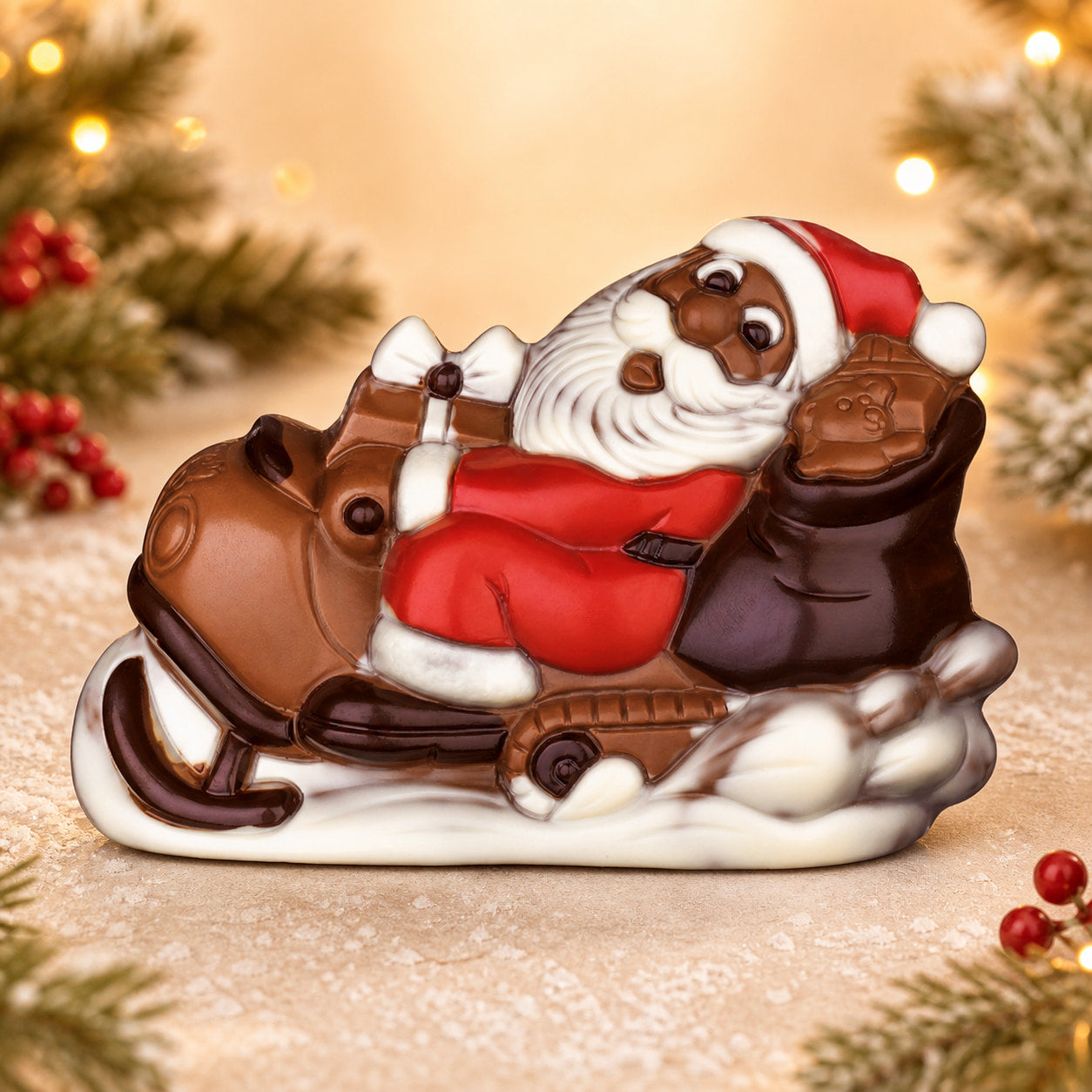 Weihnachtsmann auf Skibob, Schokoladenfigur 125 g von Hessen Schokolade