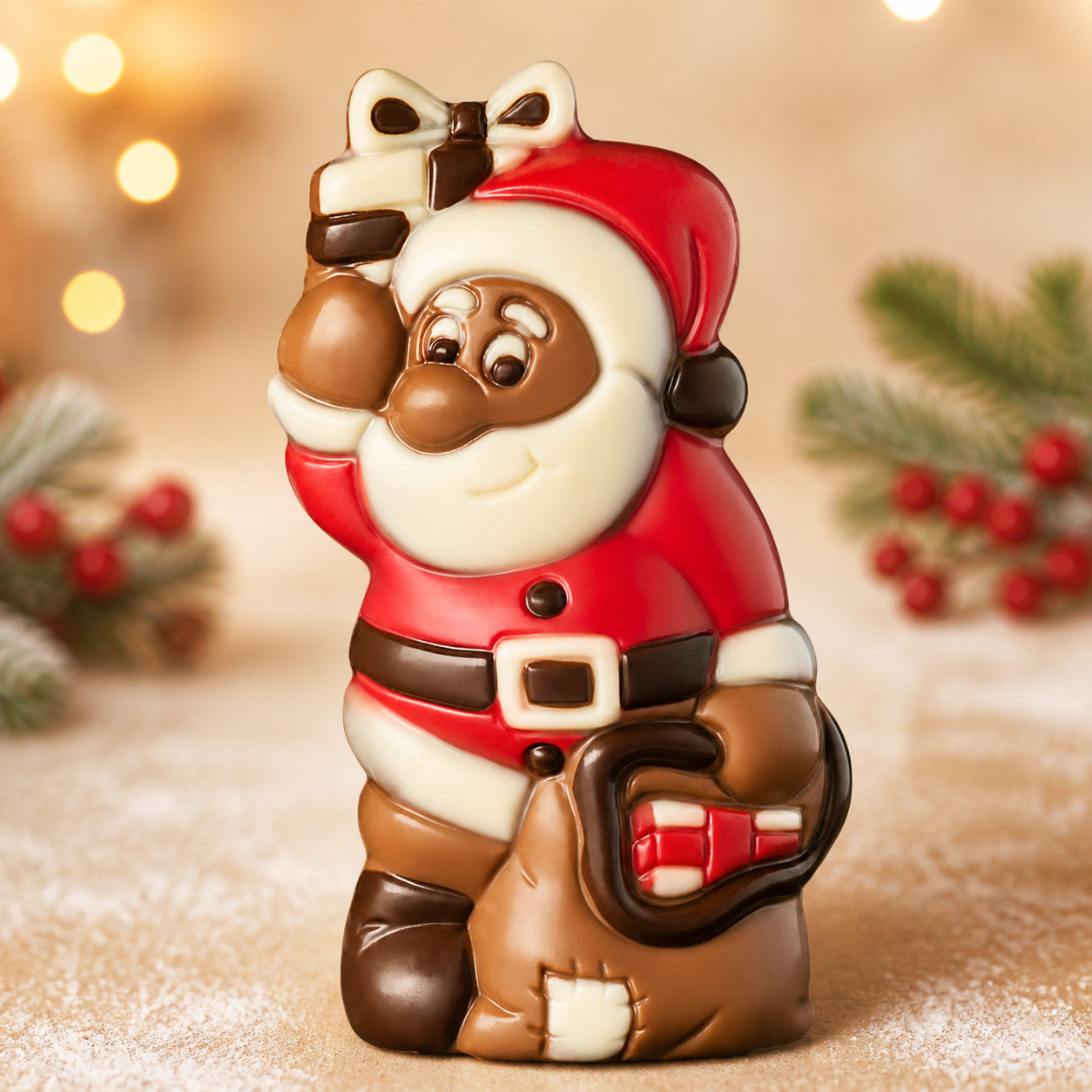 Weihnachtsmann mit Geschenk, Schokoladenfigur 75 g von Hessen Schokolade