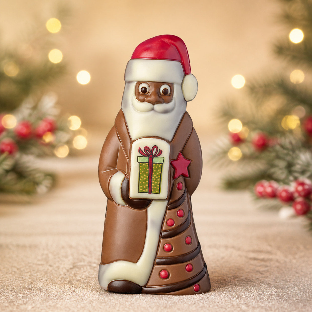 Weihnachtsmann mit Paeckchen, Schokoladenfigur 100 g von Hessen Schokolade