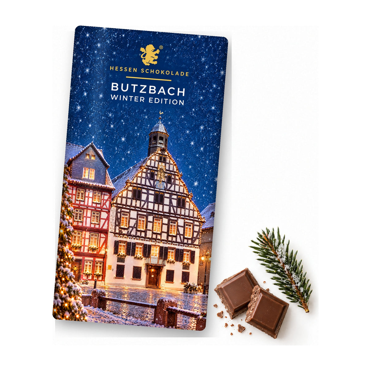 Vollmilch-Schokoladentafel mit Banderole „Fachwerkgiebel“ – Süße Grüße aus Butzbach