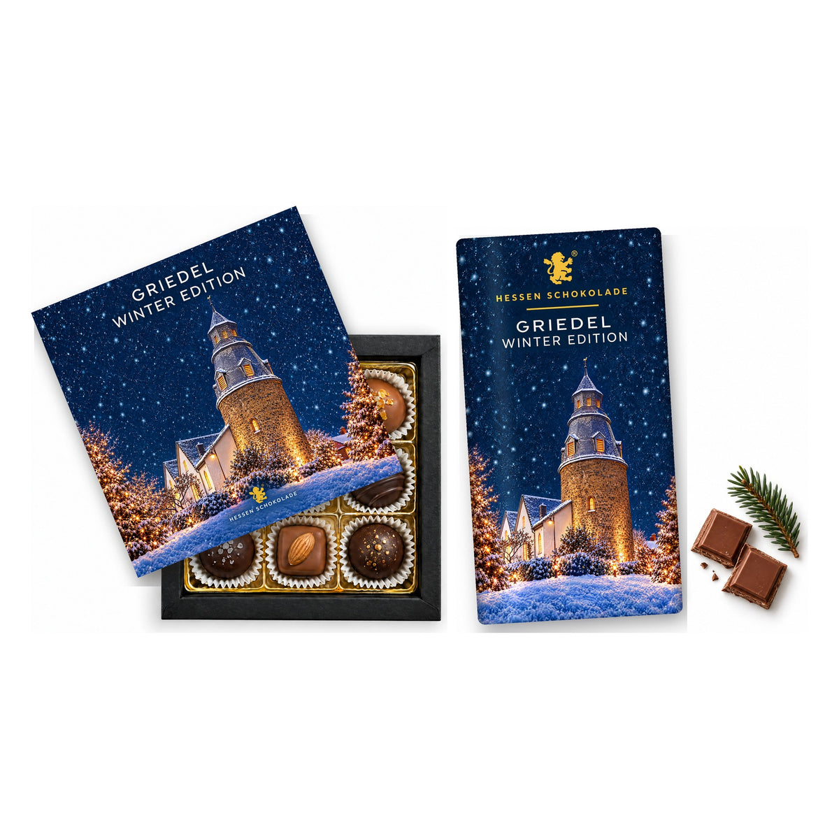 Geschenkset 9er Pralinen und Schokoladentafel „Ev. Kirche mit Wehrturm“ – Süße Grüße aus Butzbach-Griedel