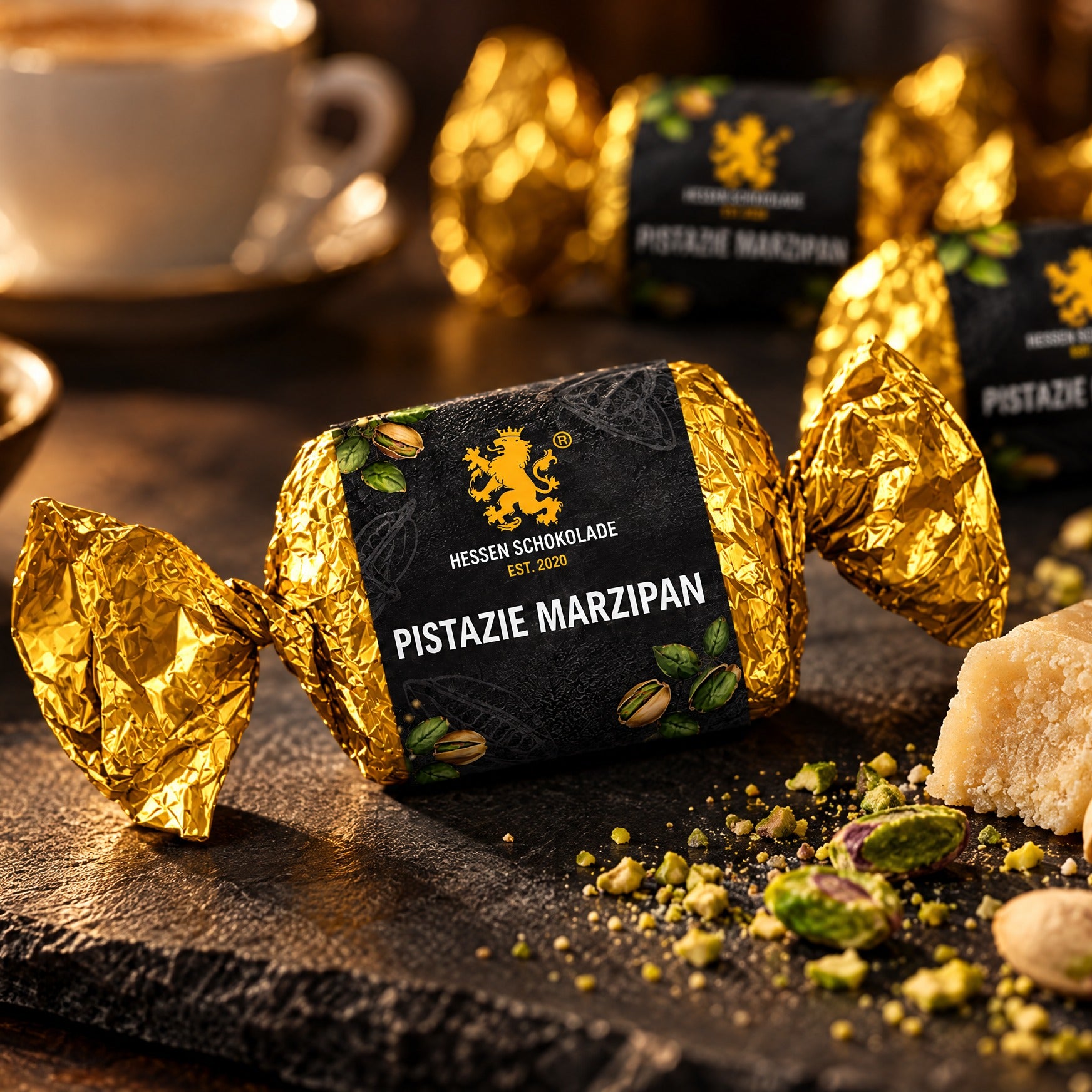 Nougathappen Pistazie Marzipan mit Pistazien und Marzipan auf Schiefer