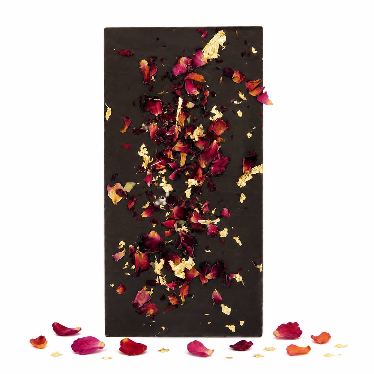 Premium Zartbitterschokolade 60 % mit essbarem 23 Karat Gold und Rosenblättern – Hessen Schokolade