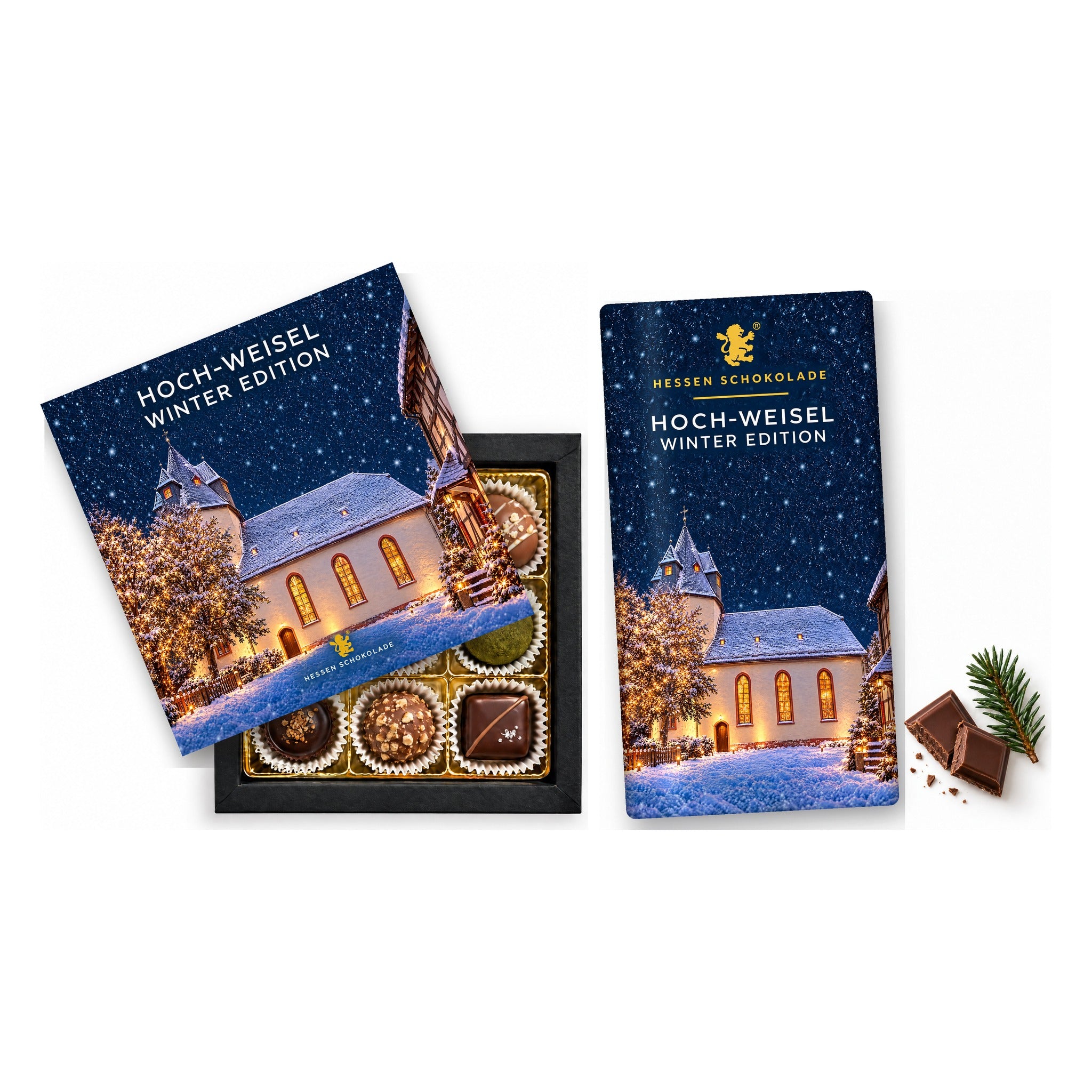 Präsent-Set Butzbach Winter Edition – Hoch-Weisel (Ev. Kirche) (9er Pralinen + Tafel)