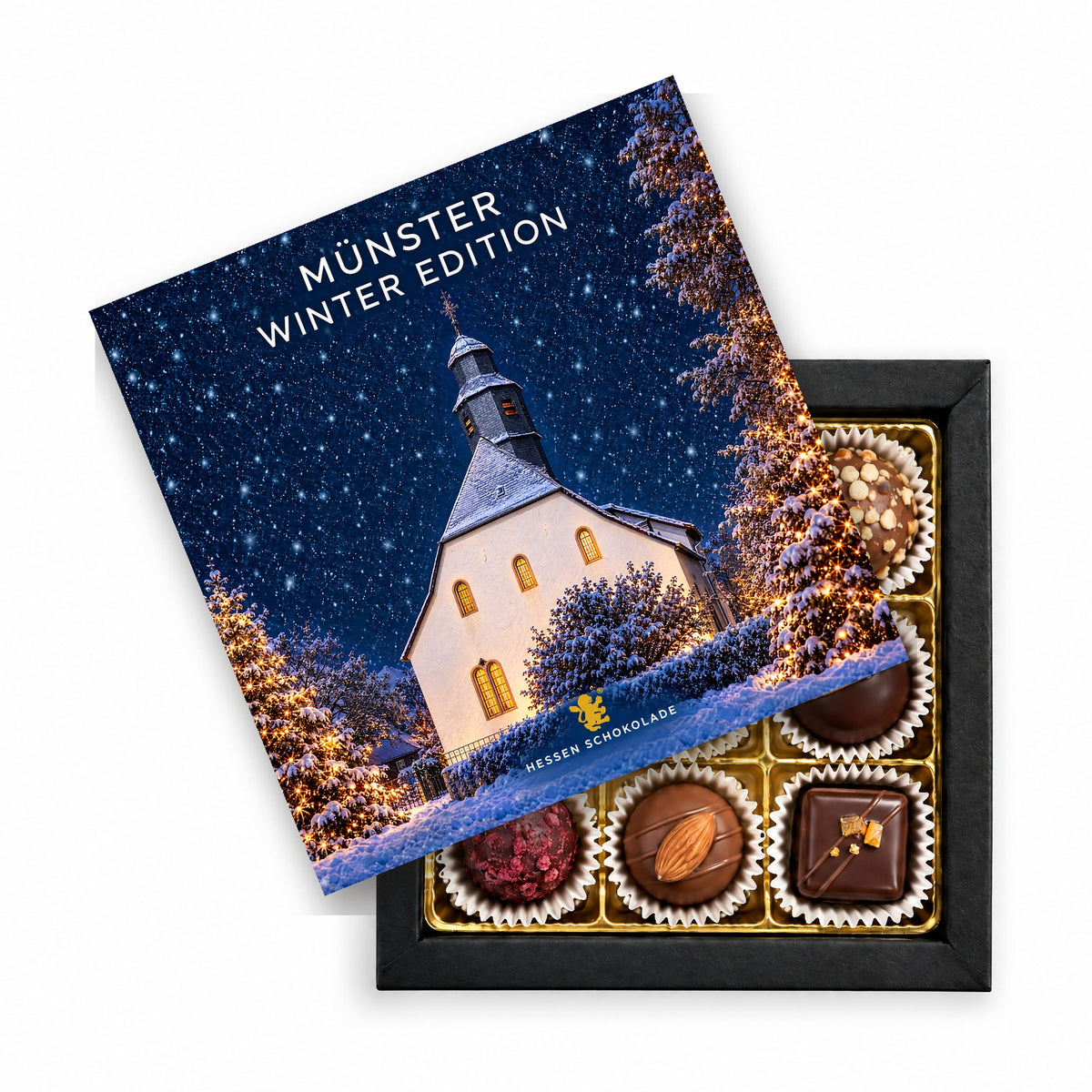 9er Pralinen in Geschenkbox mit Einleger „Ev. Kirche“ – Butzbach-Münster