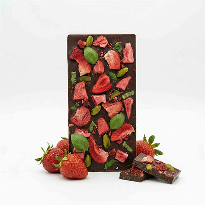 Premium Vollmilchschokolade Erdbeere, Pistazien, Basilikum