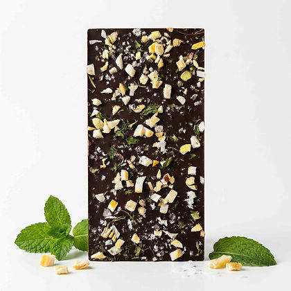 Premium Zartbitterschokolade Zitrone, Minze, Salzflocken