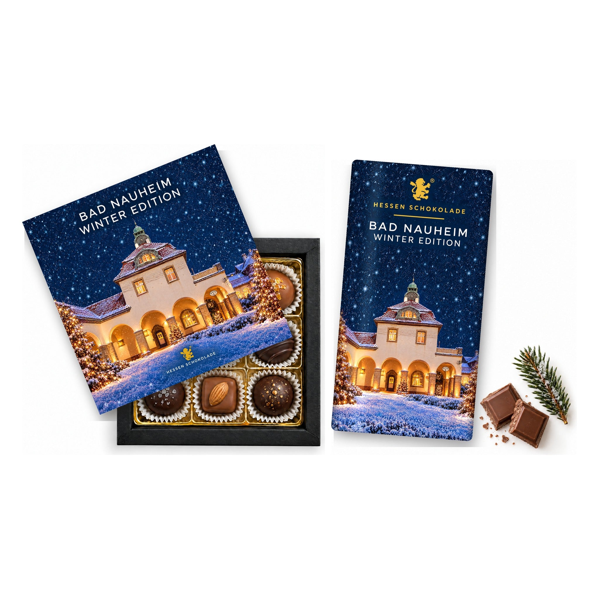 Präsent-Set Bad Nauheim Winter Edition – Sprudelhof (9er Pralinen + Tafel)