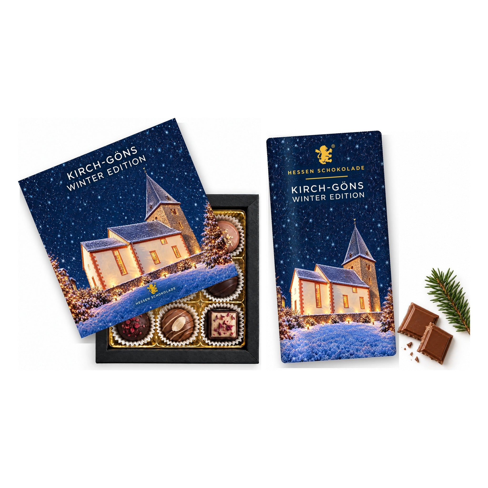 Präsent-Set Butzbach Winter Edition – Kirch-Göns (Ev. Kirche) (9er Pralinen + Tafel)
