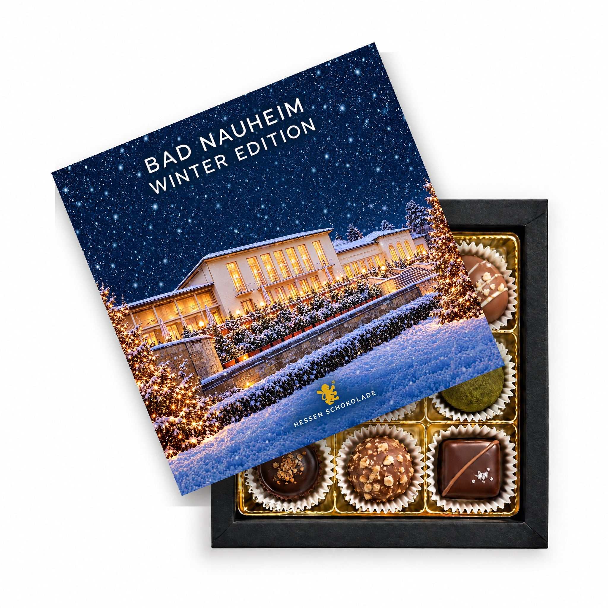 9er Pralinen Bad Nauheim Winter Edition – Kurhaus – Präsentbox mit Motiv-Einleger