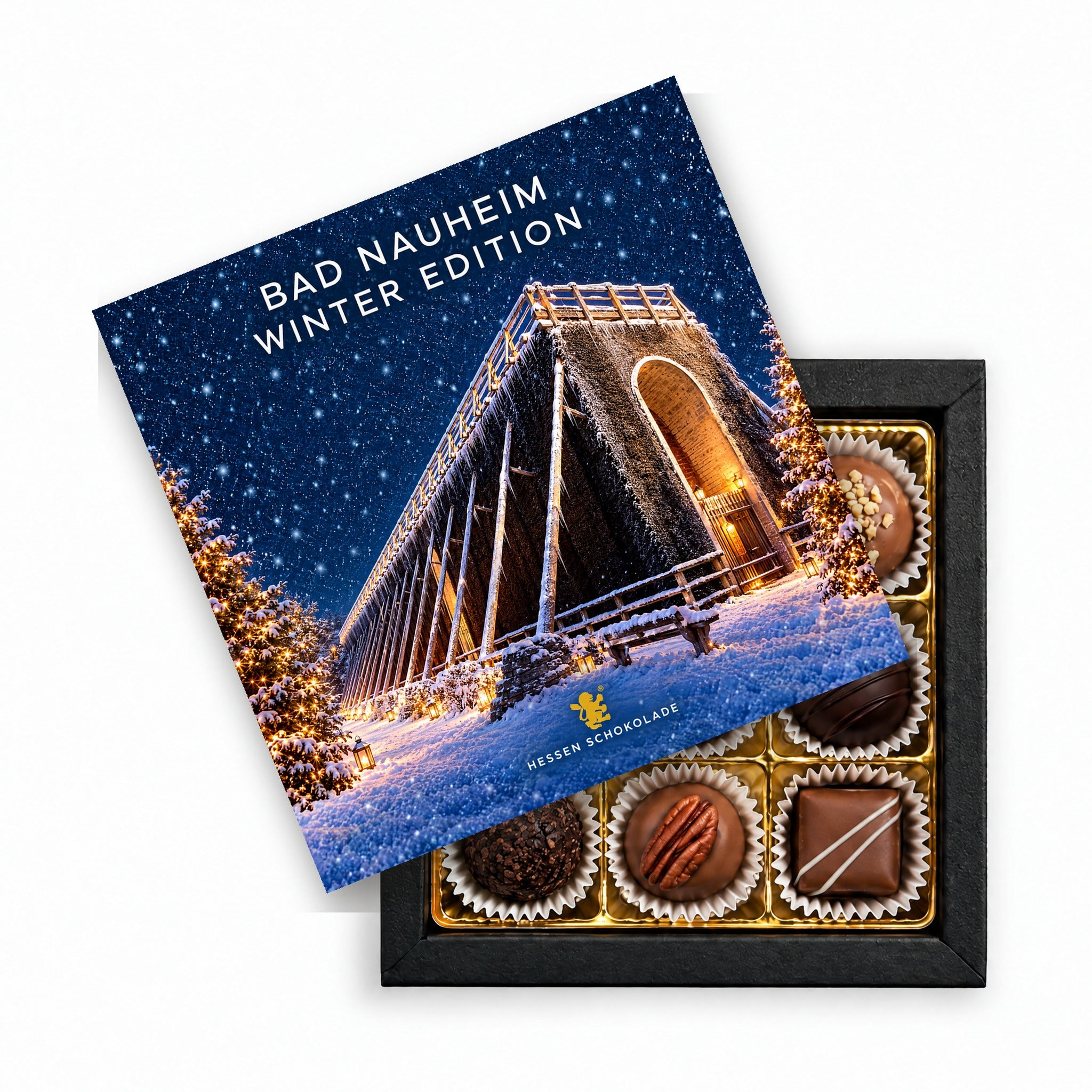 9er Pralinen Bad Nauheim Winter Edition – Gradierbau – Präsentbox mit Motiv-Einleger