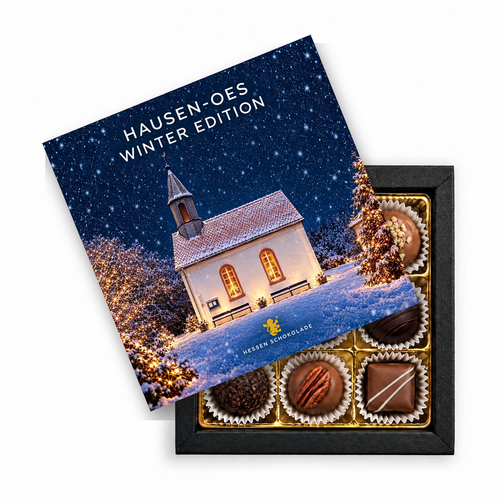 9er Pralinen Butzbach Winter Edition – Hausen-Oes (Ev. Kapelle) – Präsentbox mit Motiv-Einleger