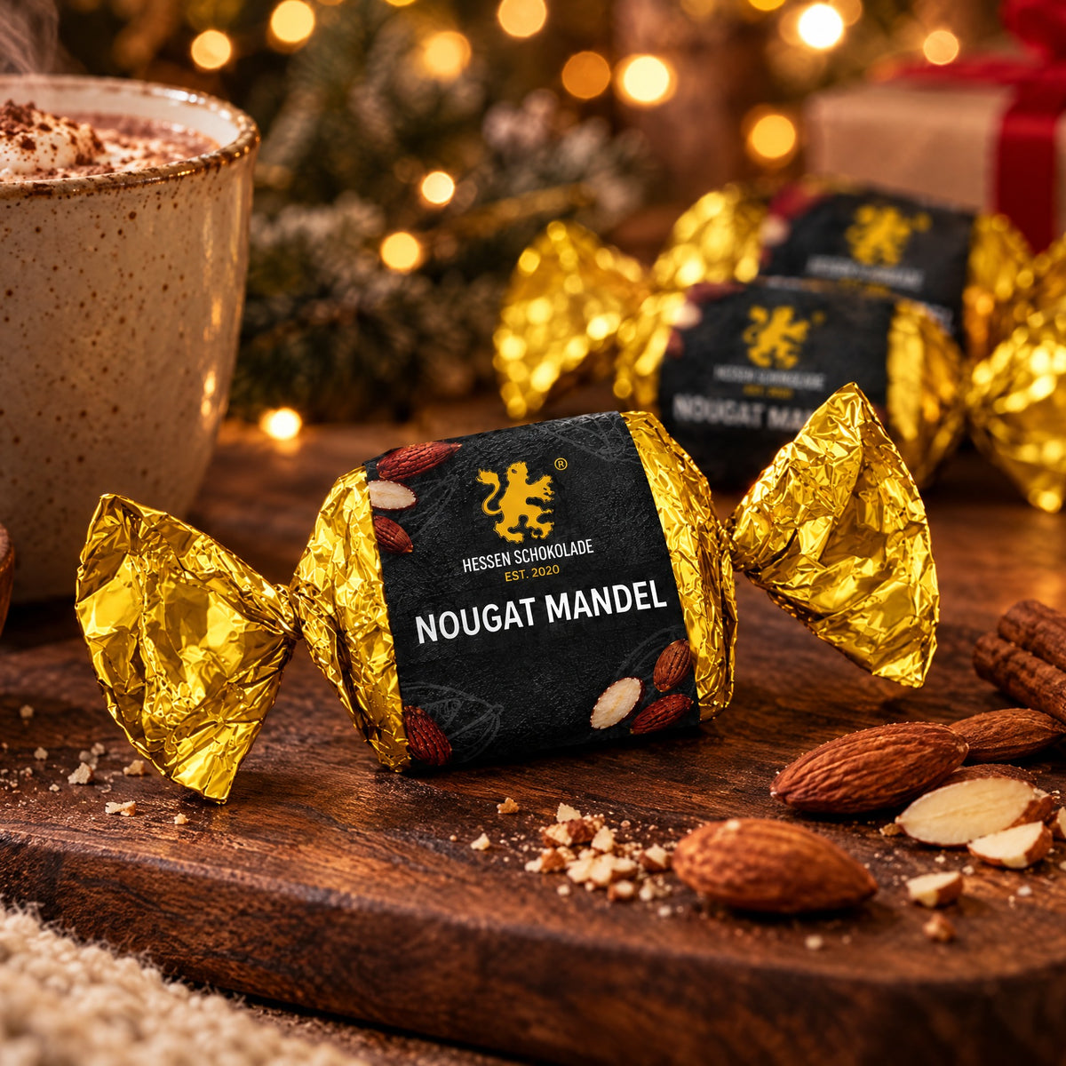 Nougathappen Nougat Mandel mit Mandeln und Kakao in winterlicher Szene
