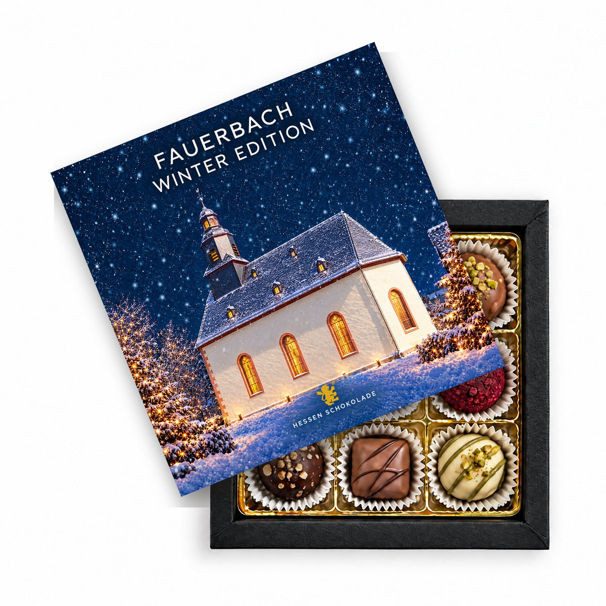 9er Pralinen in schwarzer Geschenkbox mit Einleger „Ev. Kirche“ – Süße Grüße aus Butzbach-Fauerbach v. d. H.