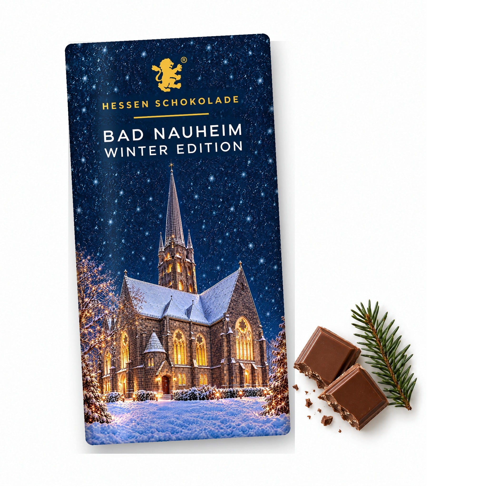 Vollmilch-Tafel Bad Nauheim Winter Edition – Dankeskirche – Tafel mit Motiv-Banderole