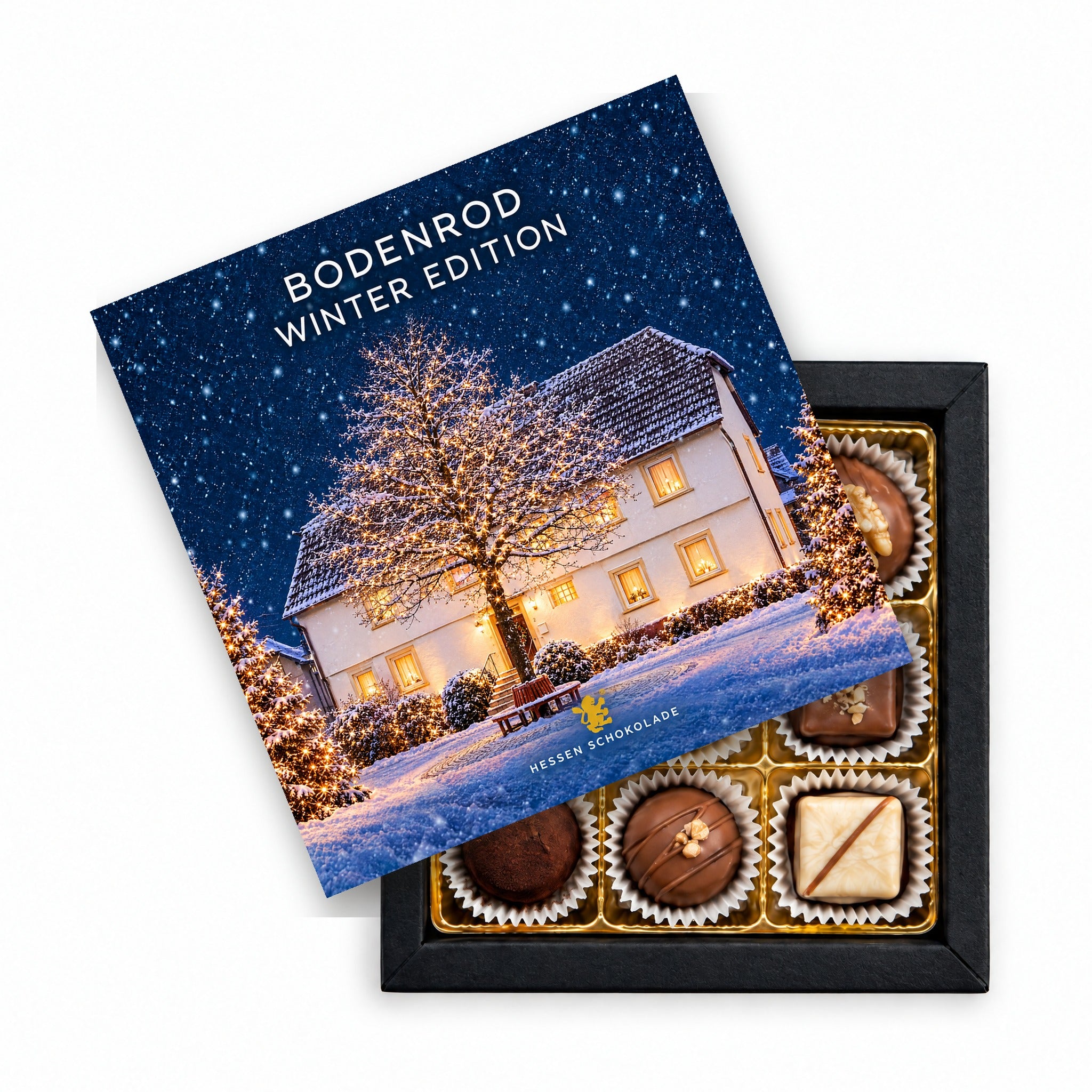 9er Pralinen Butzbach Winter Edition – Bodenrod (Alte Schule) – Präsentbox mit Motiv-Einleger