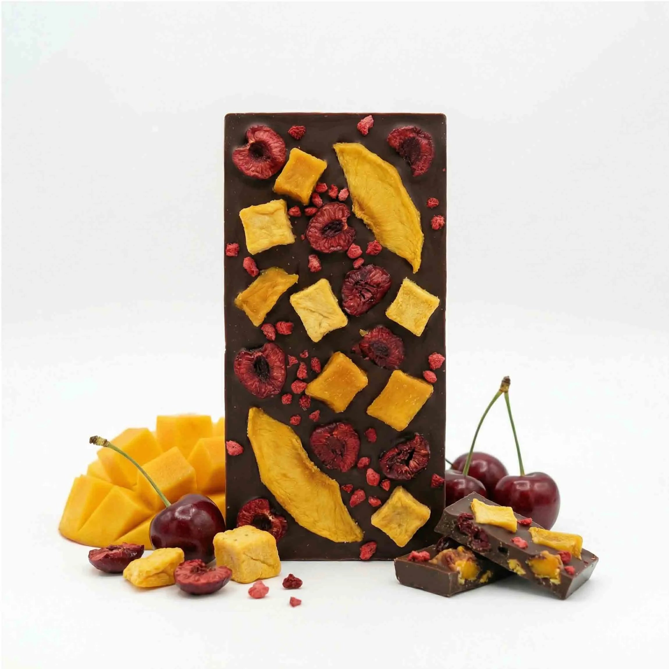 Premium Zartbitterschokolade 60 % mit Mango und Kirsche – Hessen Schokolade