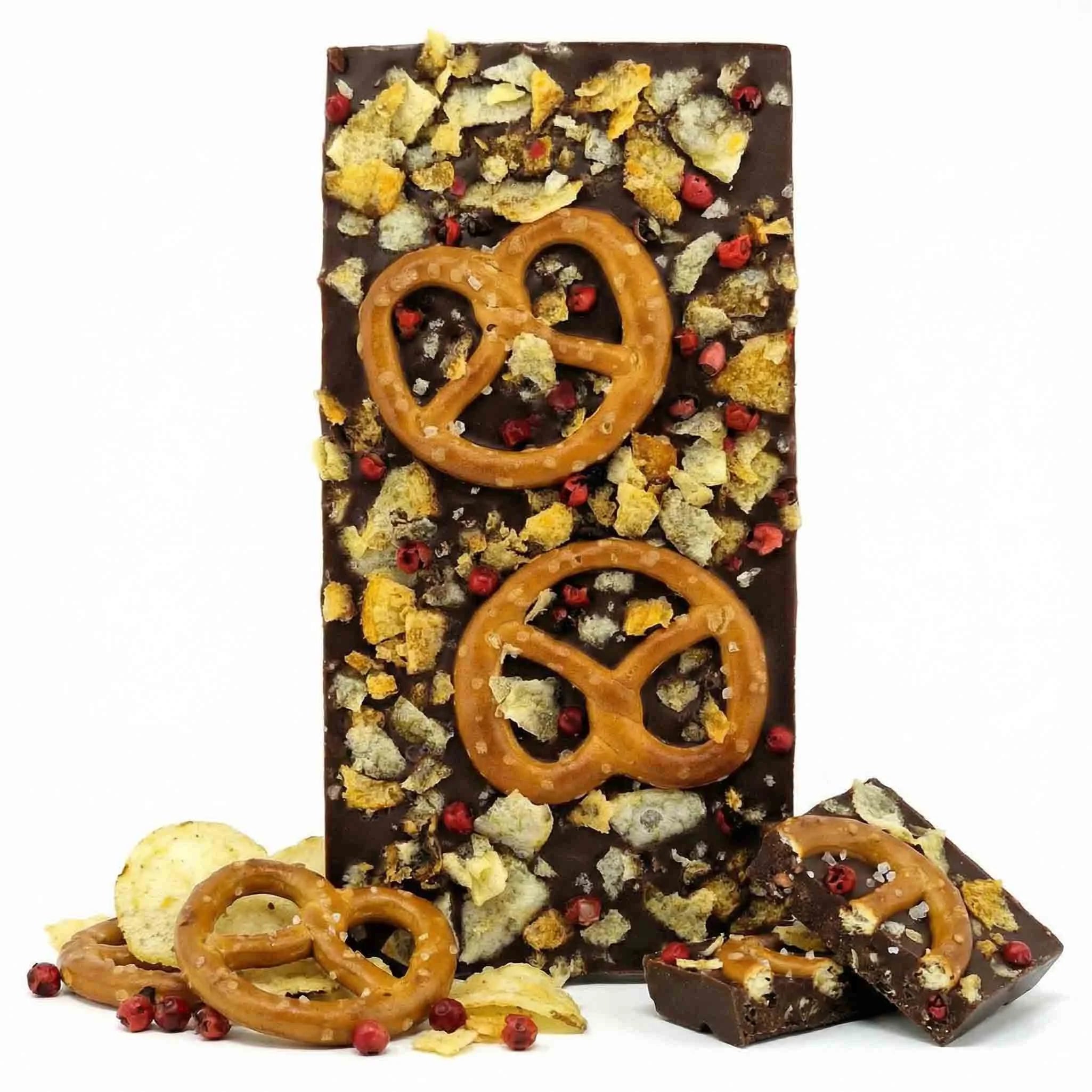 Premium Vollmilchschokolade mit Brezel, Crispy Chips und rotem Pfeffer – Hessen Schokolade