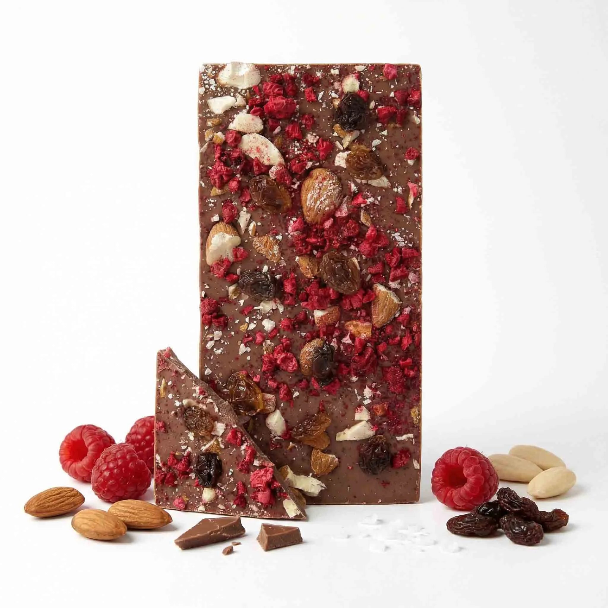 Premium Vollmilchschokolade mit Himbeeren, Rosinen und Mandeln – Hessen Schokolade