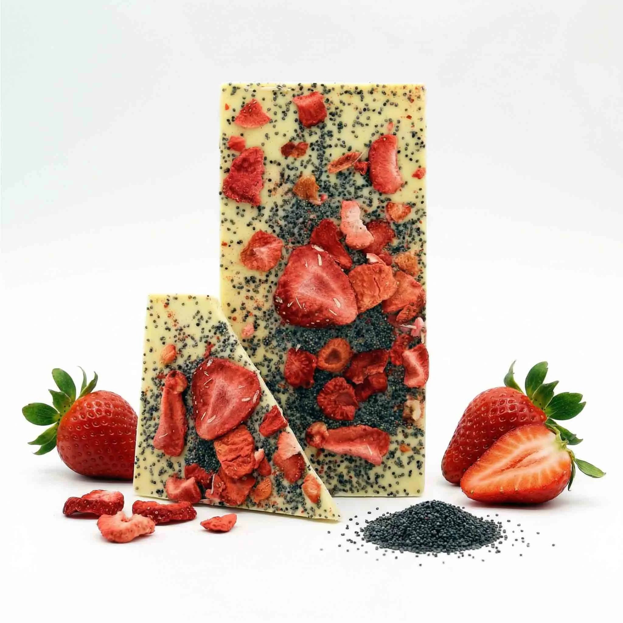 Weiße Schokolade mit Erdbeere und Mohn