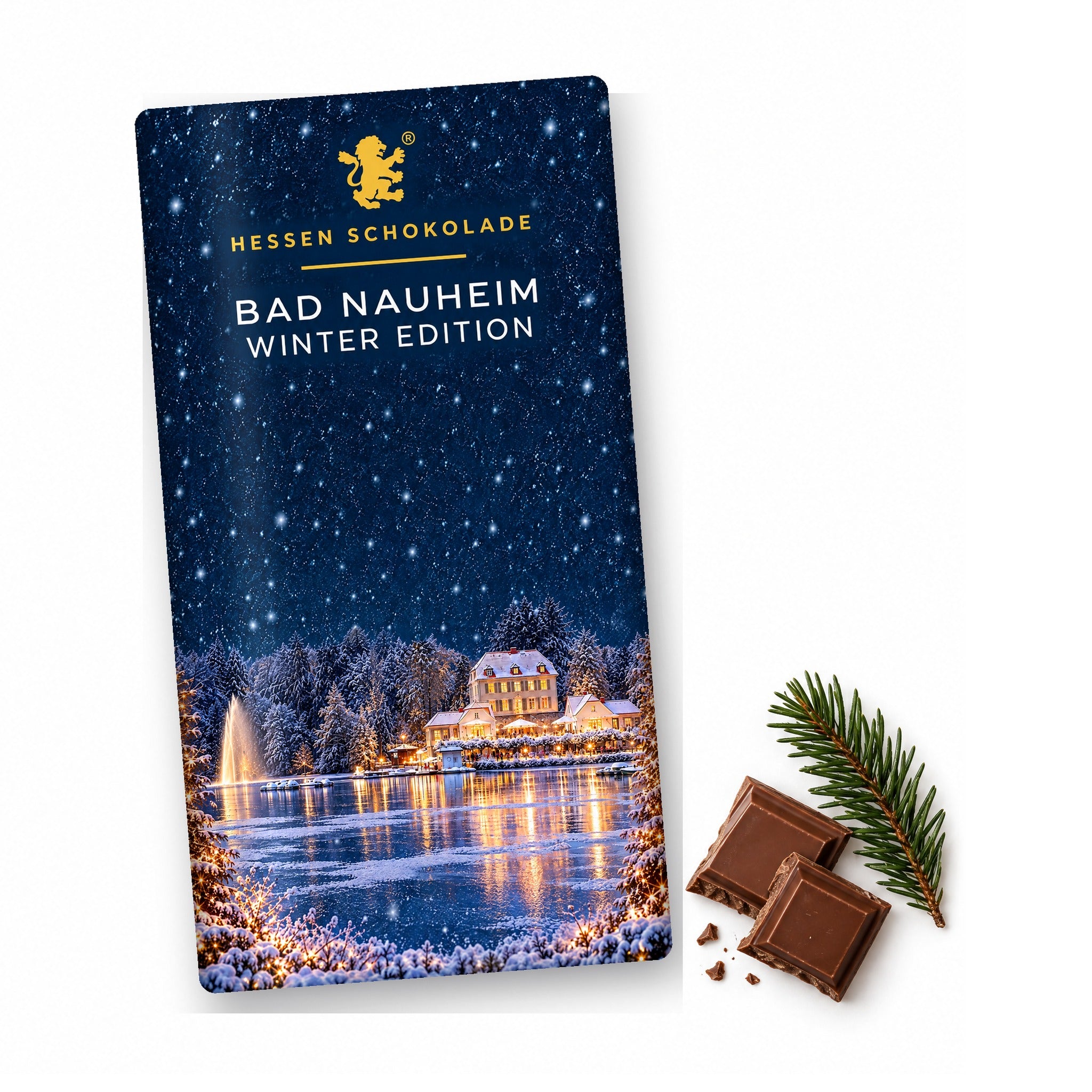 Vollmilch-Tafel Bad Nauheim Winter Edition – Großer Teich mit Teichhaus – Tafel mit Motiv-Banderole