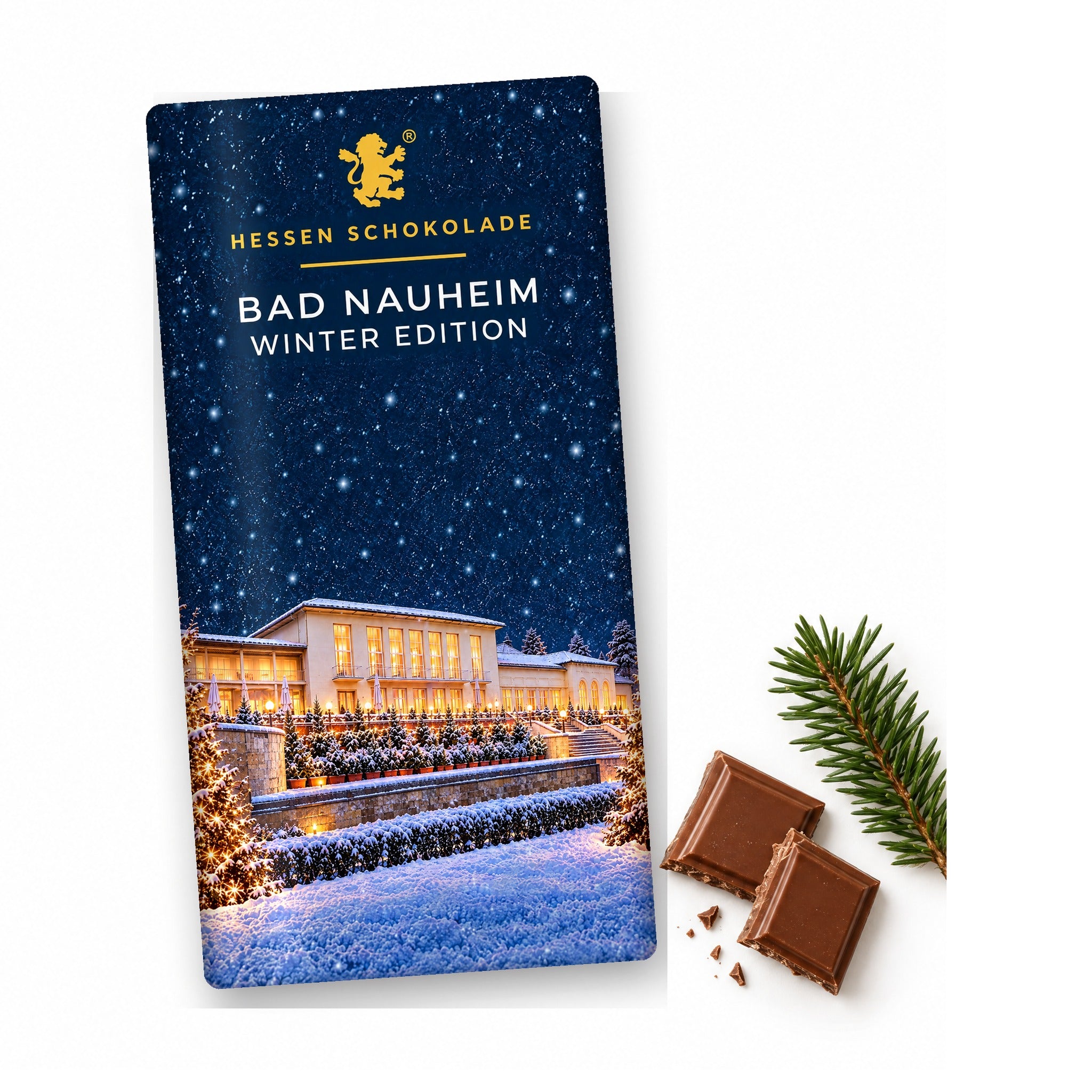 Vollmilch-Tafel Bad Nauheim Winter Edition – Kurhaus – Tafel mit Motiv-Banderole