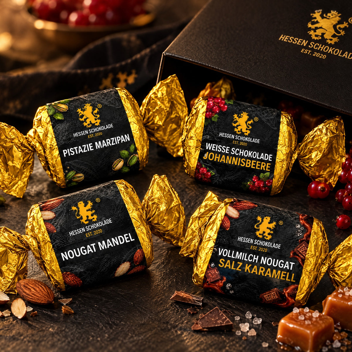 Nougathappen Sortiment mit allen vier Sorten vor Hessen Schokolade Geschenkbox