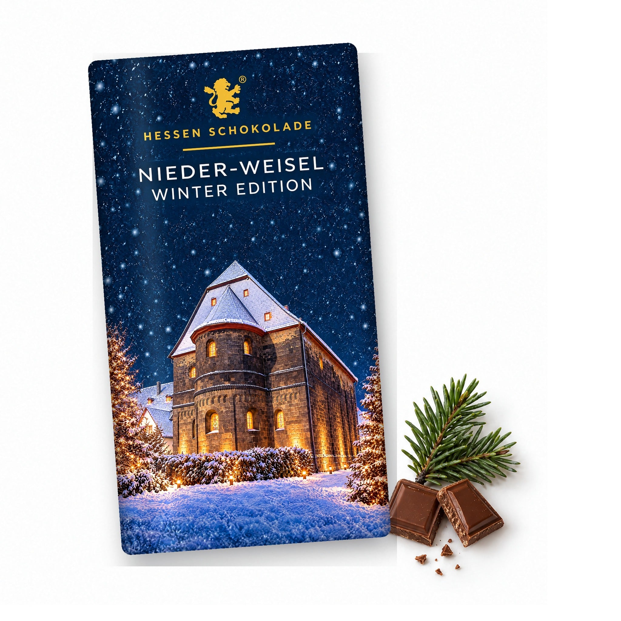 Vollmilch-Tafel Butzbach Winter Edition – Nieder-Weisel (Komturkirche) – Tafel mit Motiv-Banderole