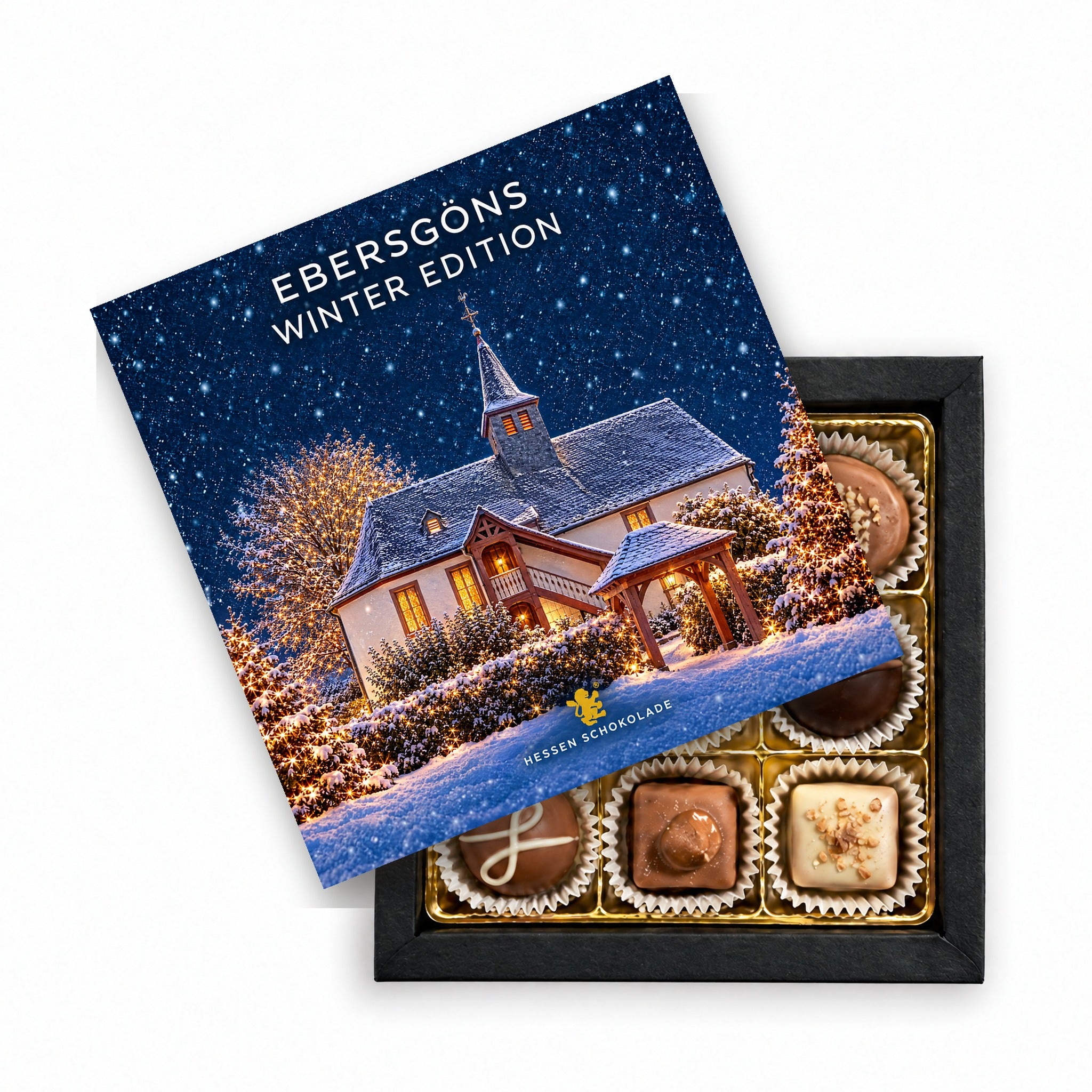 9er Pralinen Butzbach Winter Edition – Ebersgöns (Ev. Kirche) – Präsentbox mit Motiv-Einleger