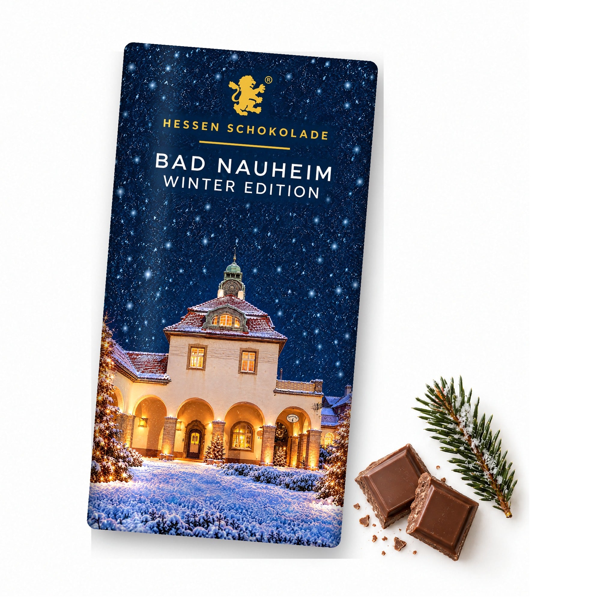 Vollmilch-Tafel Bad Nauheim Winter Edition – Sprudelhof – Tafel mit Motiv-Banderole