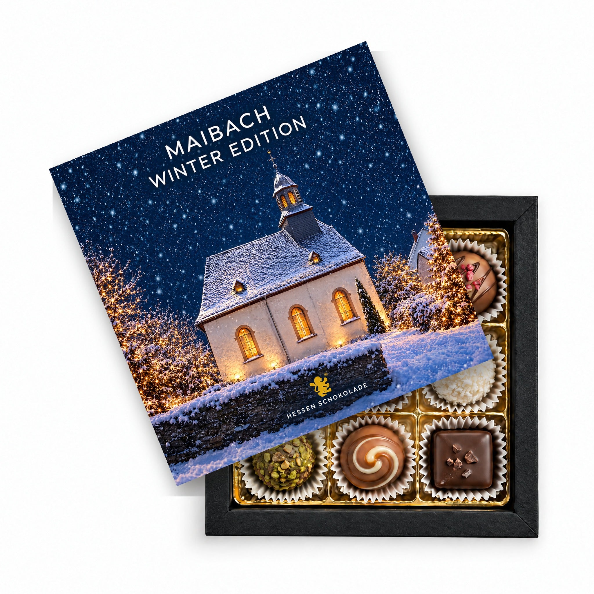 9er Pralinen Butzbach Winter Edition – Maibach (Ev. Kirche) – Präsentbox mit Motiv-Einleger