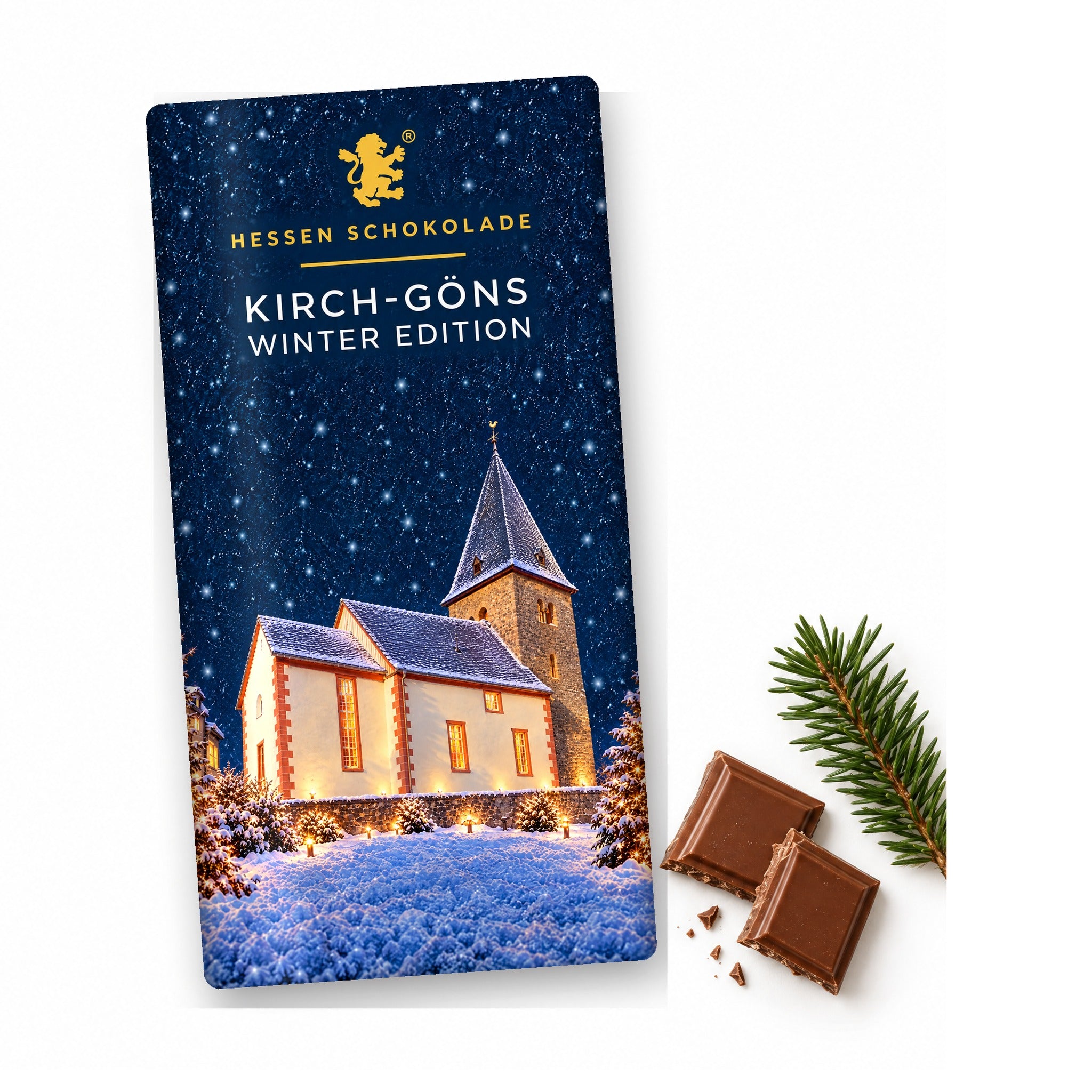 Vollmilch-Tafel Butzbach Winter Edition – Kirch-Göns (Ev. Kirche) – Tafel mit Motiv-Banderole