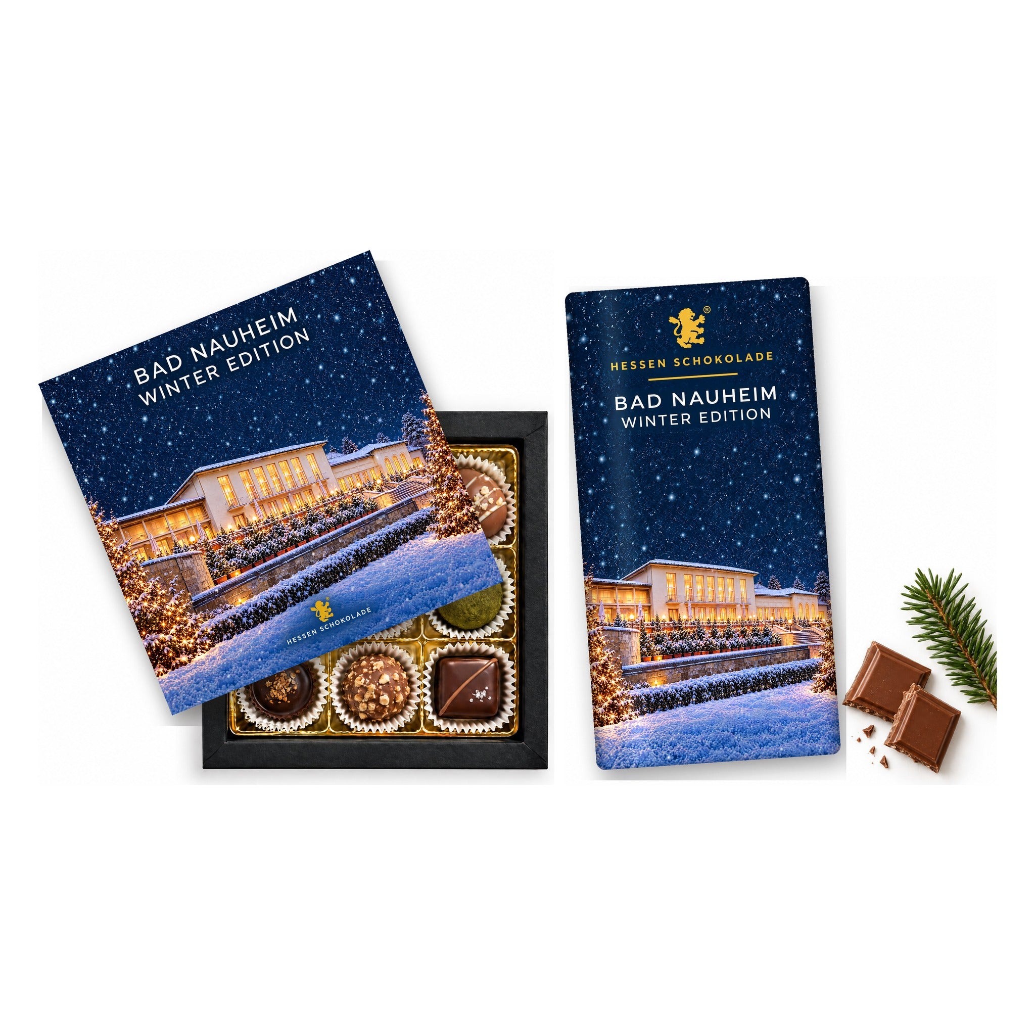 Präsent-Set Bad Nauheim Winter Edition – Kurhaus (9er Pralinen + Tafel)