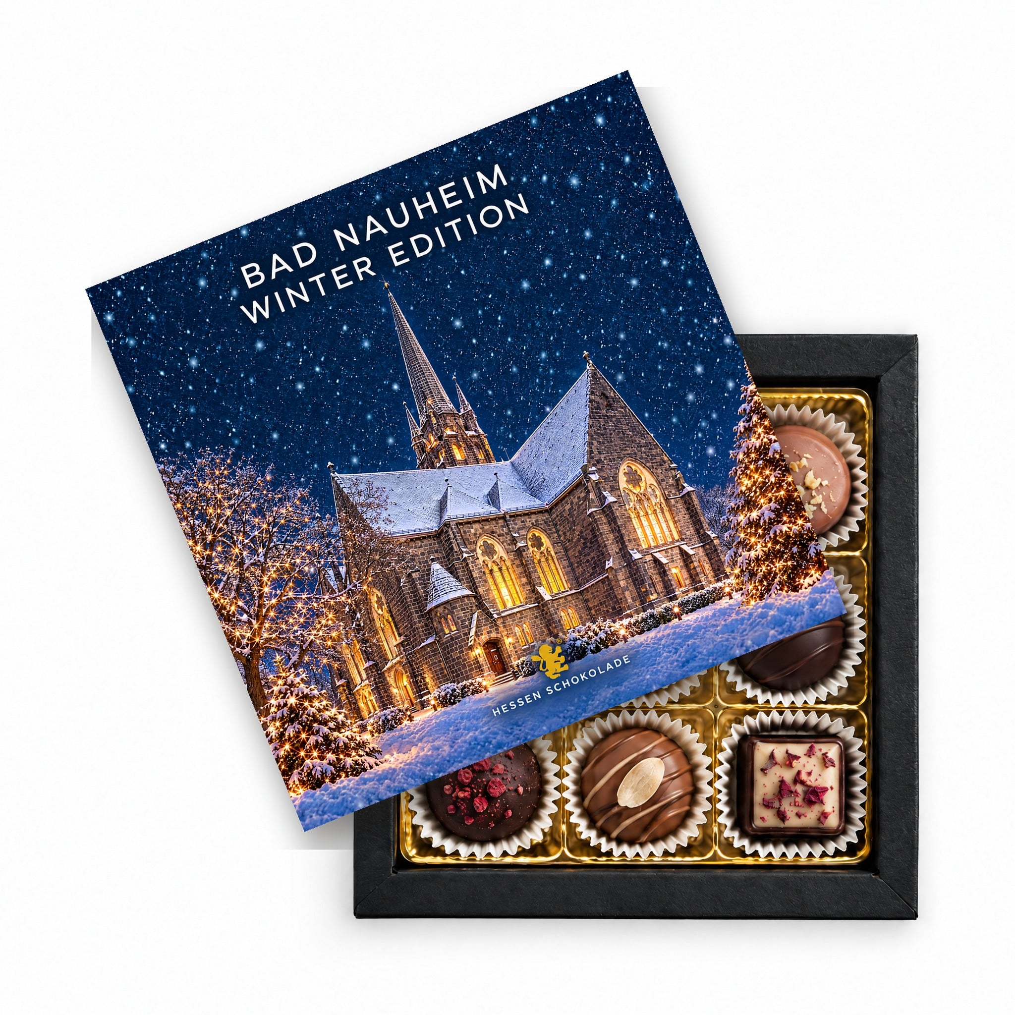 9er Pralinen Bad Nauheim Winter Edition – Dankeskirche – Präsentbox mit Motiv-Einleger