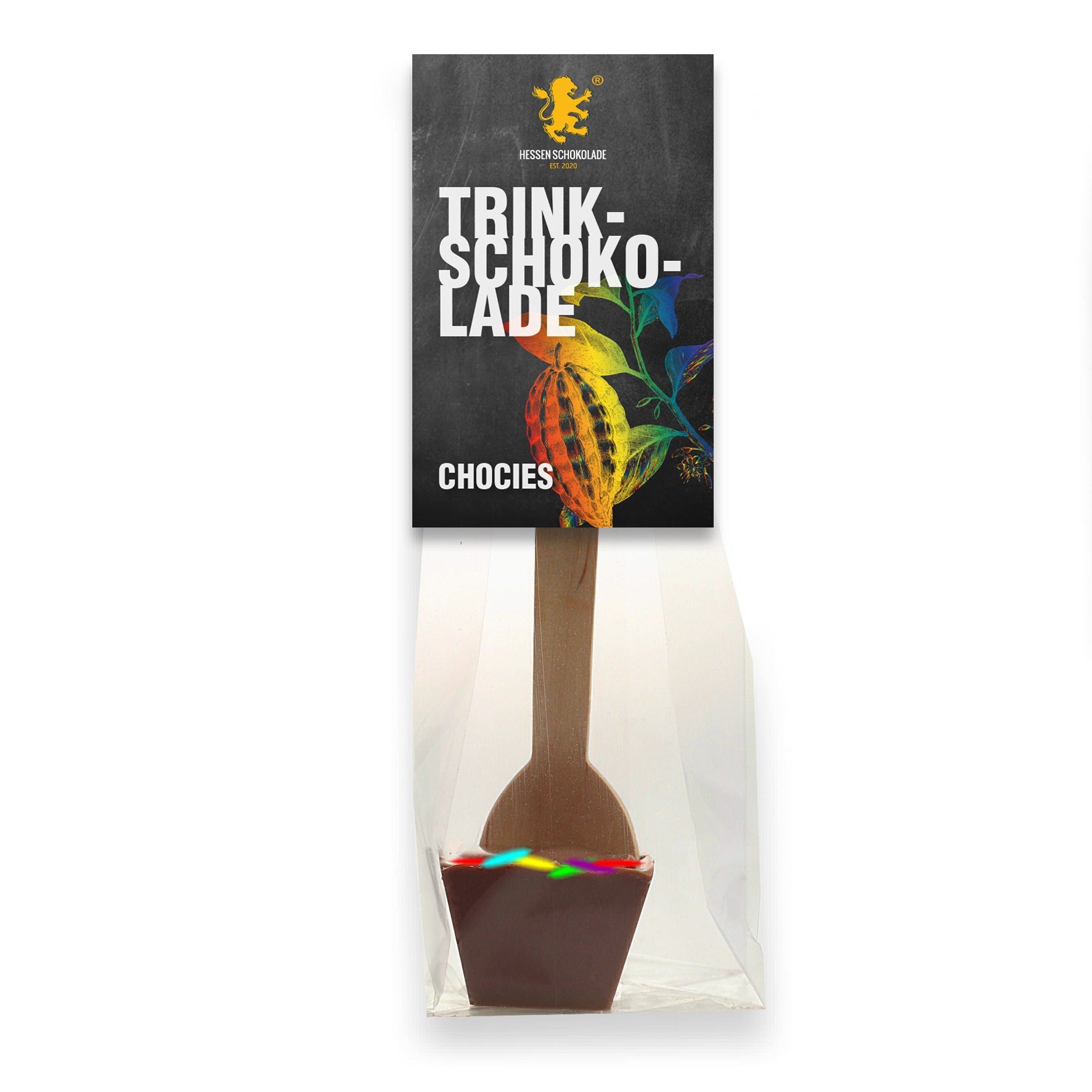 Vollmilchschokolade mit bunten Schokolinsen – Trinkschokolade am Löffel