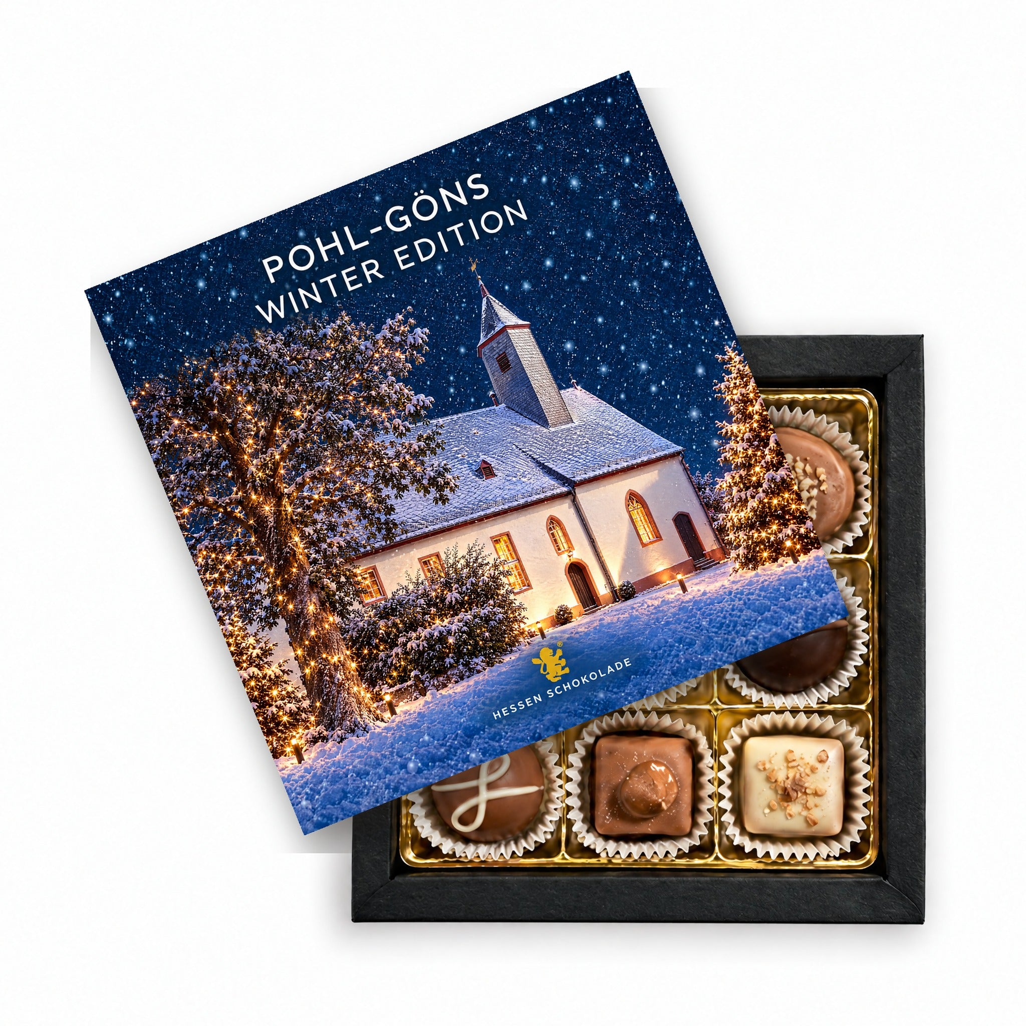 9er Pralinen Butzbach Winter Edition – Pohl-Göns (Ev. Kirche) – Präsentbox mit Motiv-Einleger