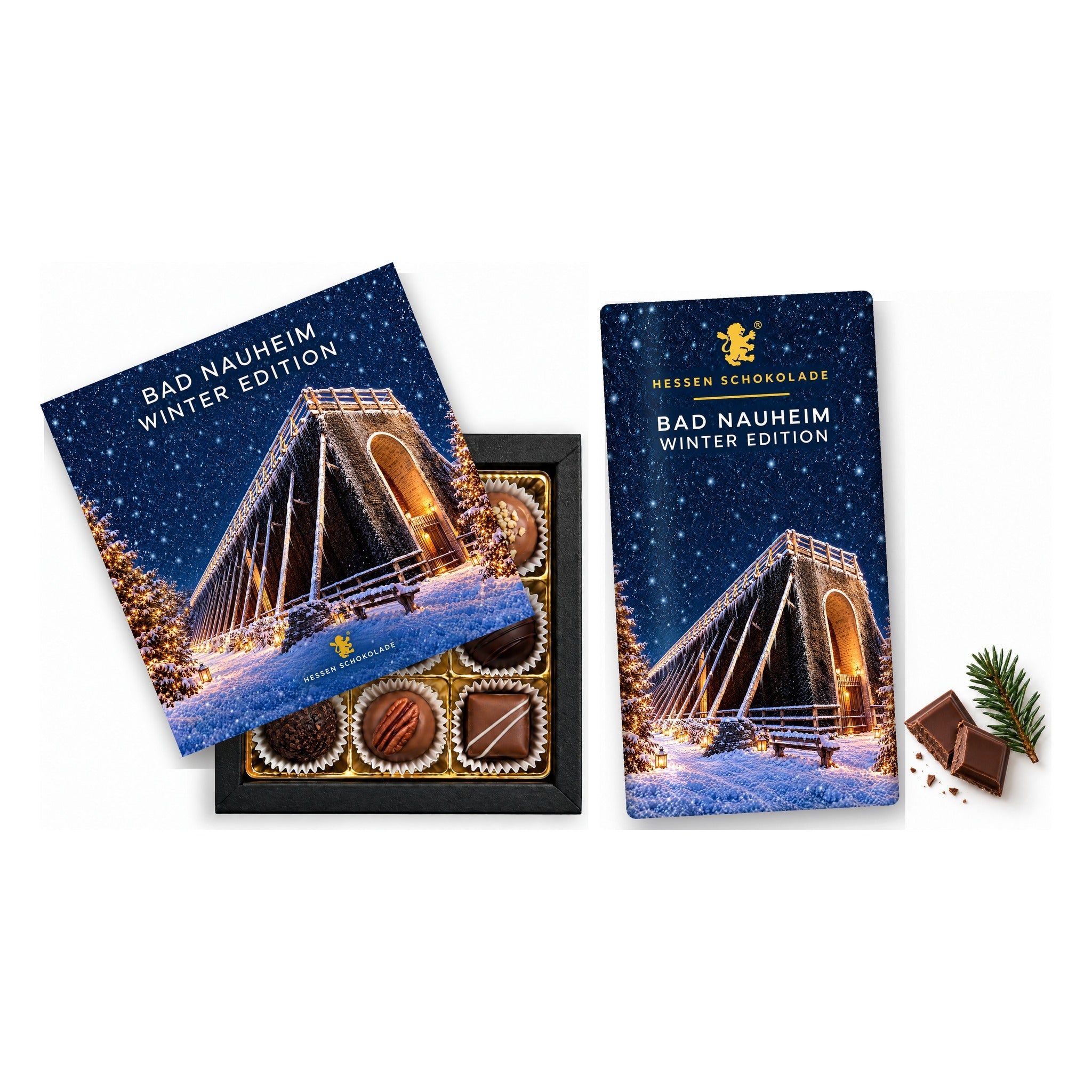 Präsent-Set Bad Nauheim Winter Edition – Gradierbau (9er Pralinen + Tafel)