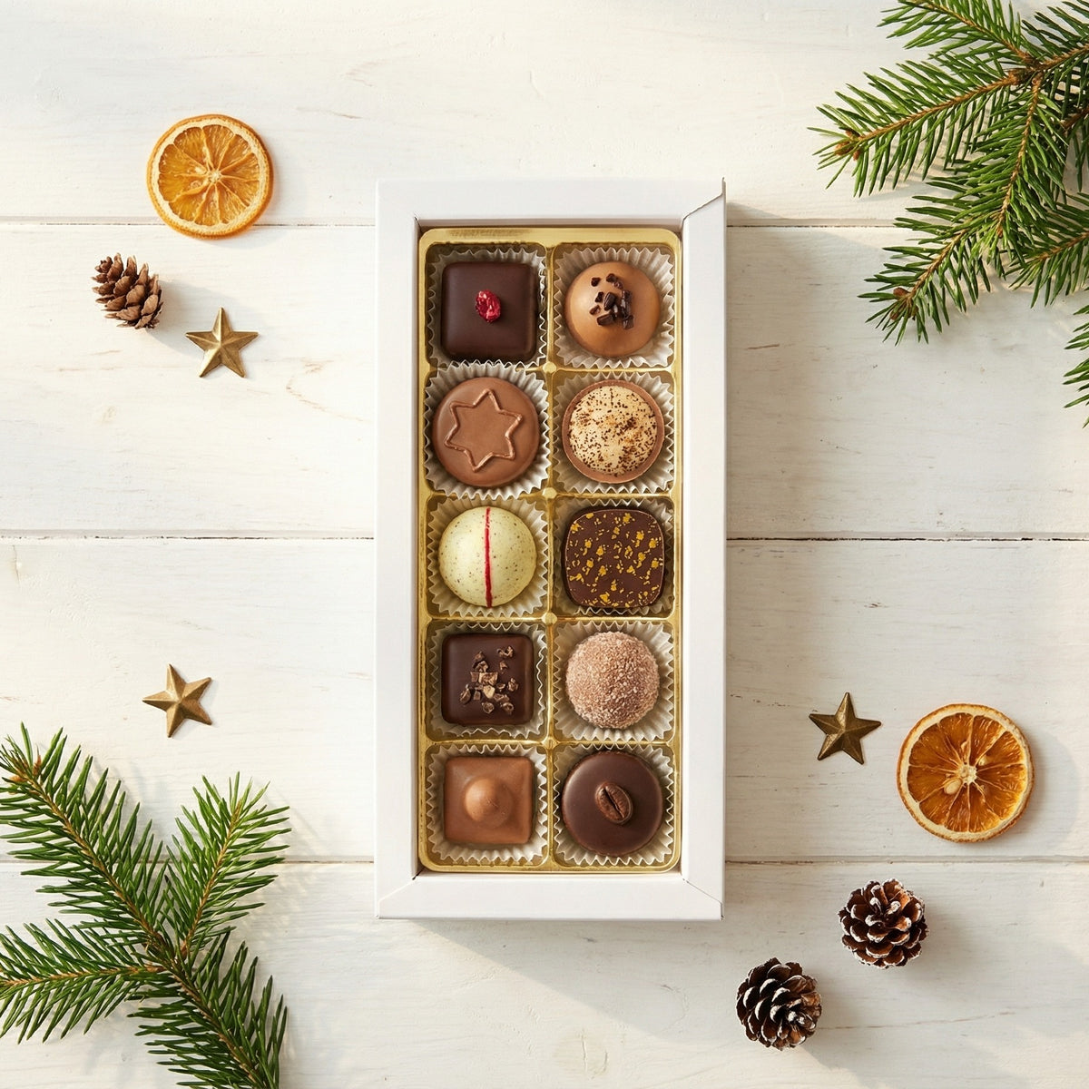 10er Pralinen Variation alkoholfrei in weißer Klarsichtbox