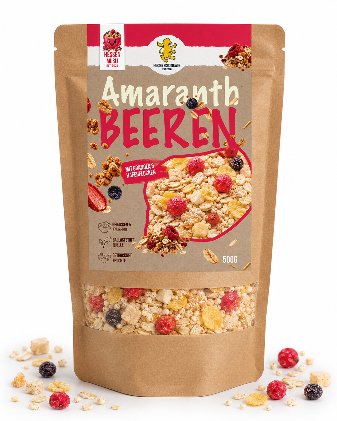 Amaranth Beeren Müsli Classic 500 g Beutel – gebackenes Müsli mit Amaranth, Erdbeeren und Heidelbeeren von Hessen Schokolade