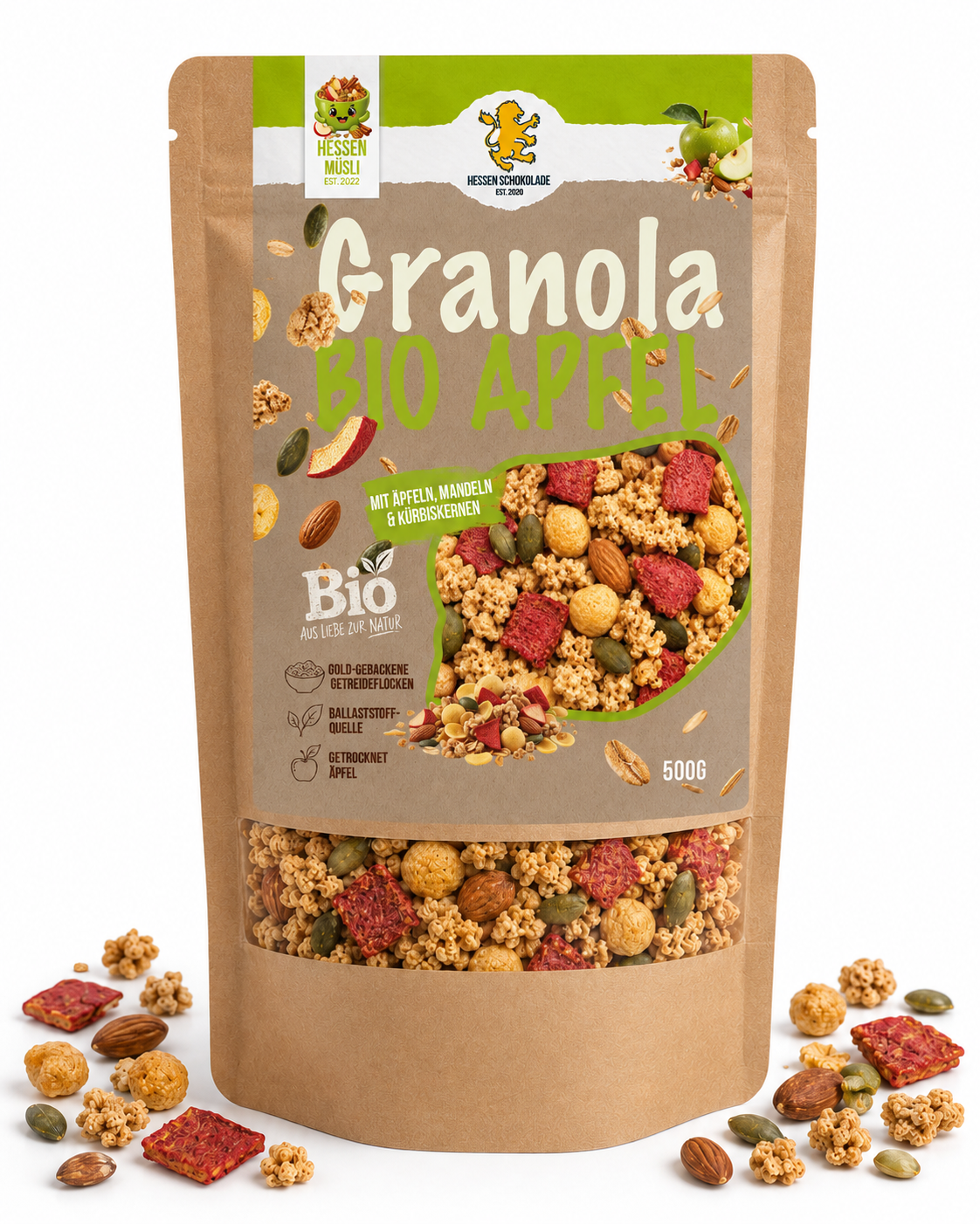 Bio Apfel Granola 500 g Beutel – gebackenes Bio-Müsli mit Apfelsplits, Mandeln und Kürbiskernen