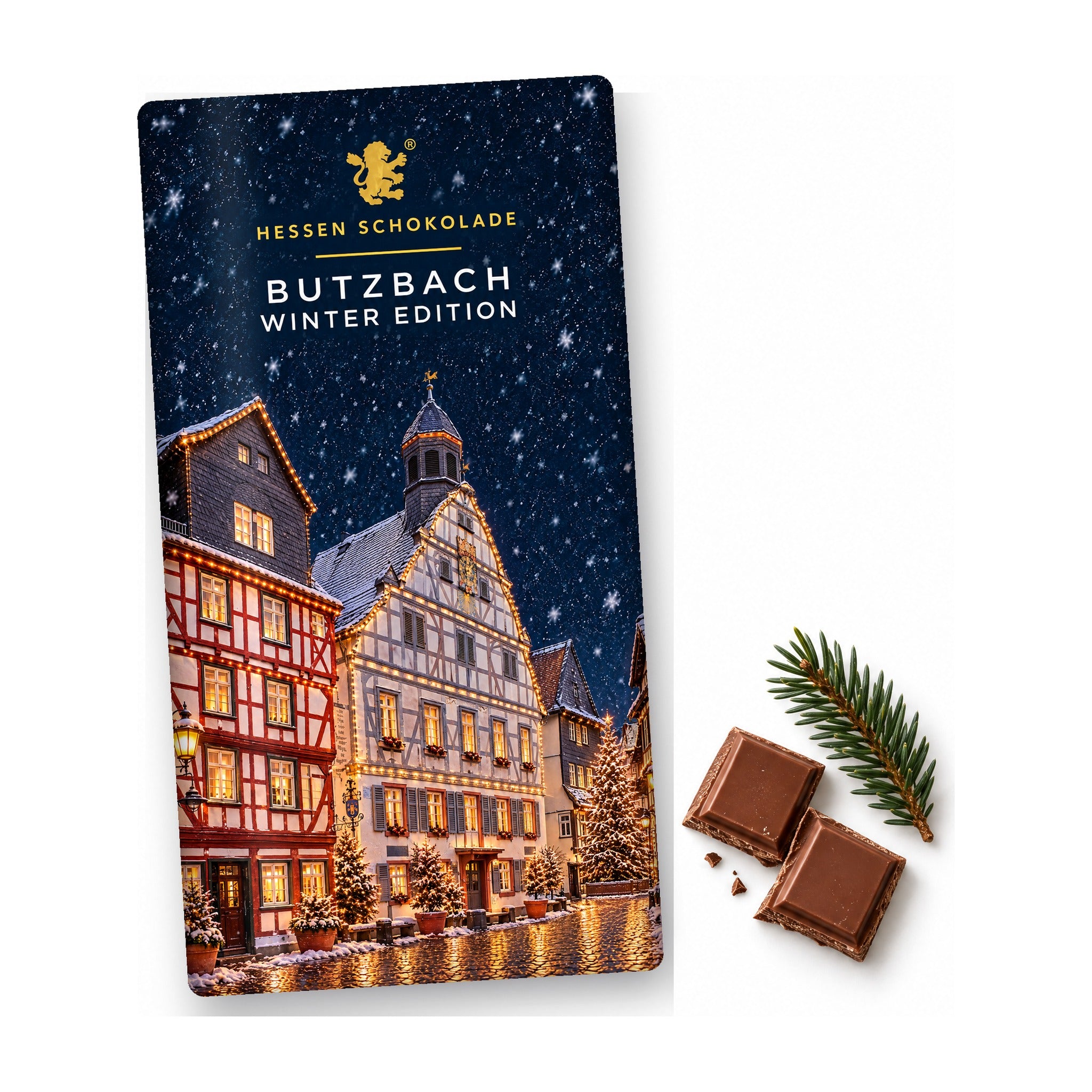 Butzbach Winter Edition Vollmilch Tafel – Altstadtgasse mit Weihnachtsbaum